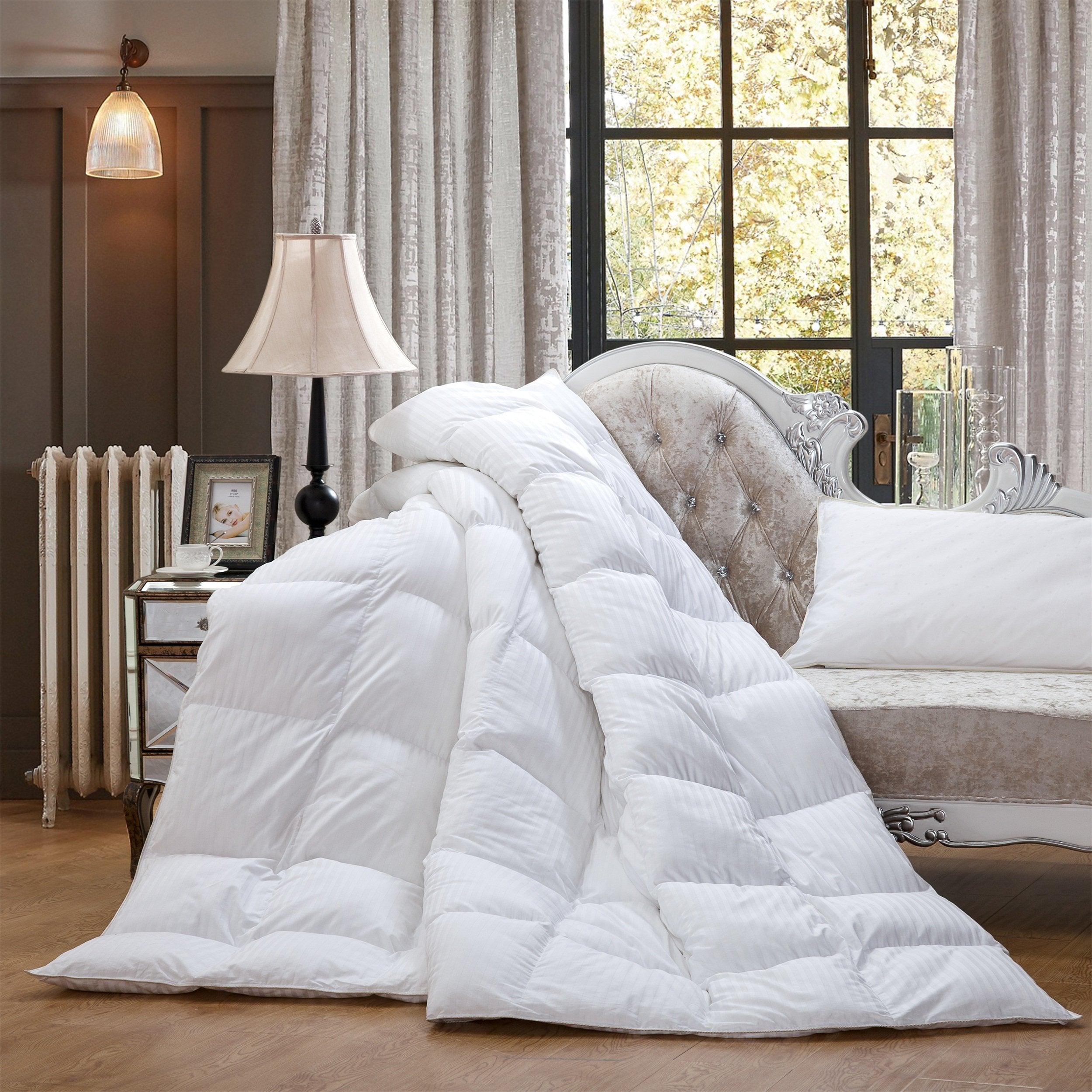 Luxurious White Solid Heavy Weight, Palatial King Size Goose Feathers Down Comforter for Winter Weather, 120 X 98 inches, Premium Baffle Box, 100% Egyptian Cotton Cover, 95 oz. Fill Weight