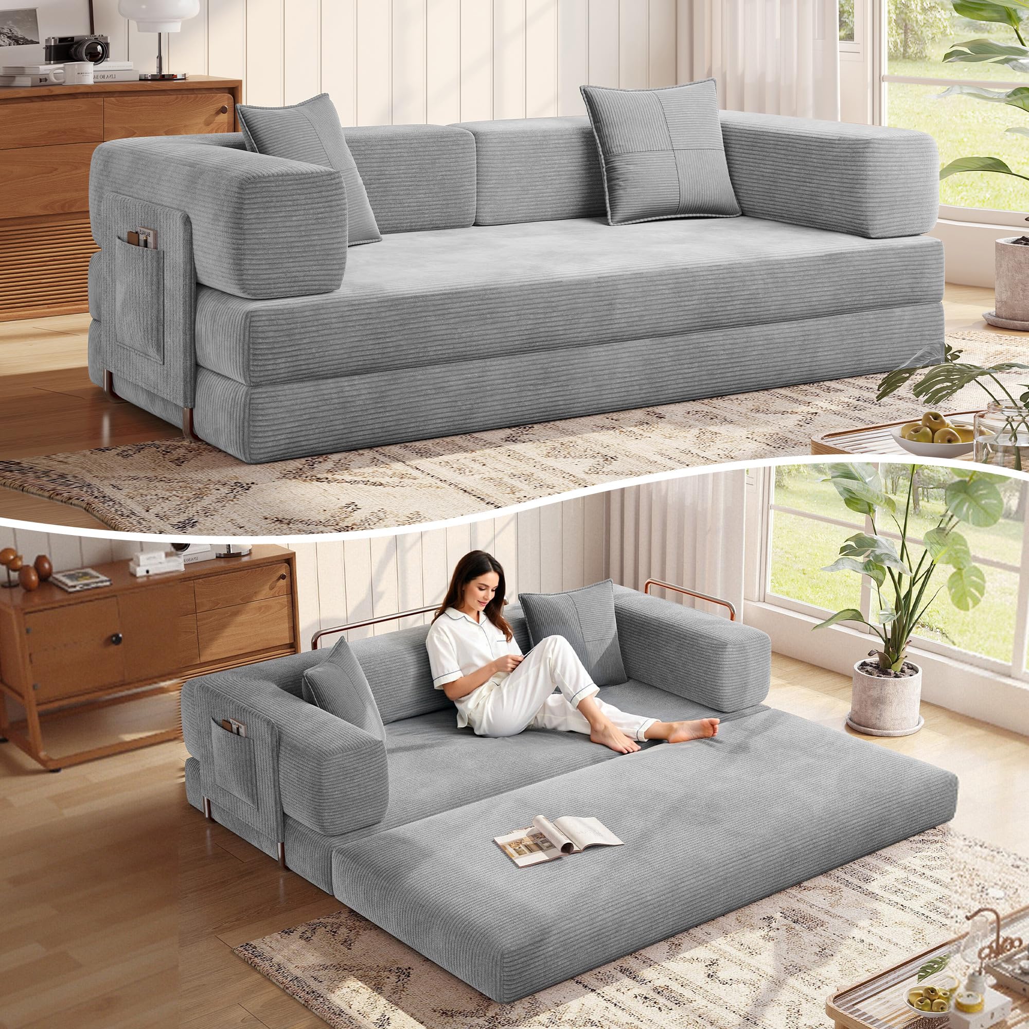 MoonSpeak 78.8''Sleeper Couch Bed for Livingroom,Convertible Modular Sofa with Armrest Pillow,Modular Foldable Corduroy Couches in a Box,No Assembly (Green)