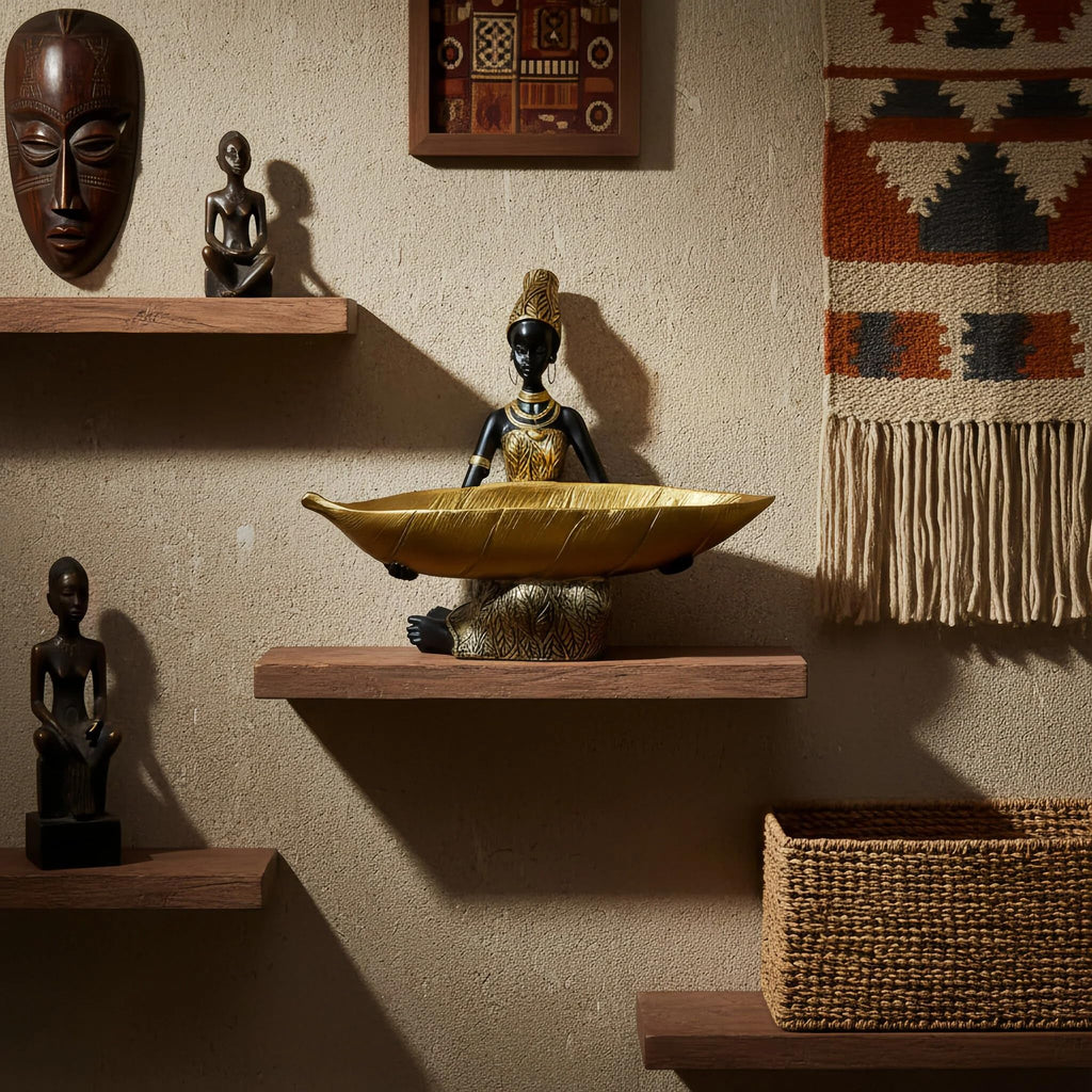 Lescafita African Woman Sculpture with Gold Leaf Bowl, Handmade Resin Figurine, Exotic Tribal Art Statue for Living Room, Dining Table, or Entryway Decoration