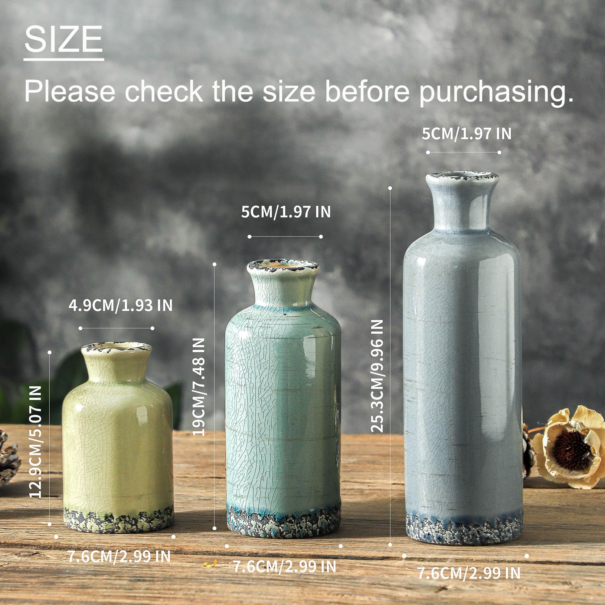 Vintage Vase Set of 3, Ceramic Vintage Flower Vases, Chinoiserie Decorative Home Decor Retro Floral Vase Rustic Farmhouse Decor for Table Bookshelf Mantel Kitchen Living Room Office - Green and Beige