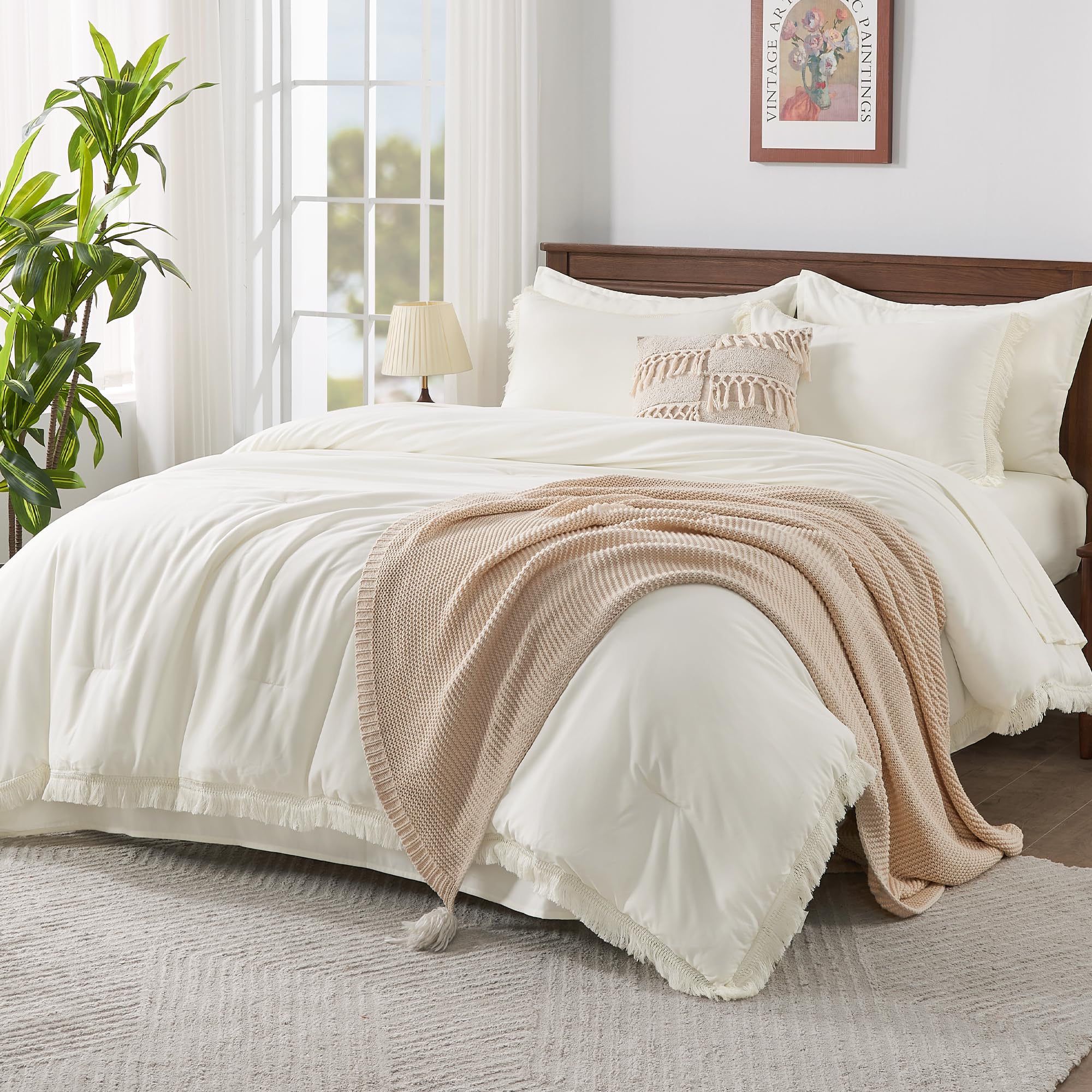 Andency King Size Comforter Set with Sheets Light Pink - 7 Pieces Bed in a Bag Boho Soft Lightweight Bedding Sets, Tassel Bed Set with Comforter, Sheets, Pillowcases & Shams