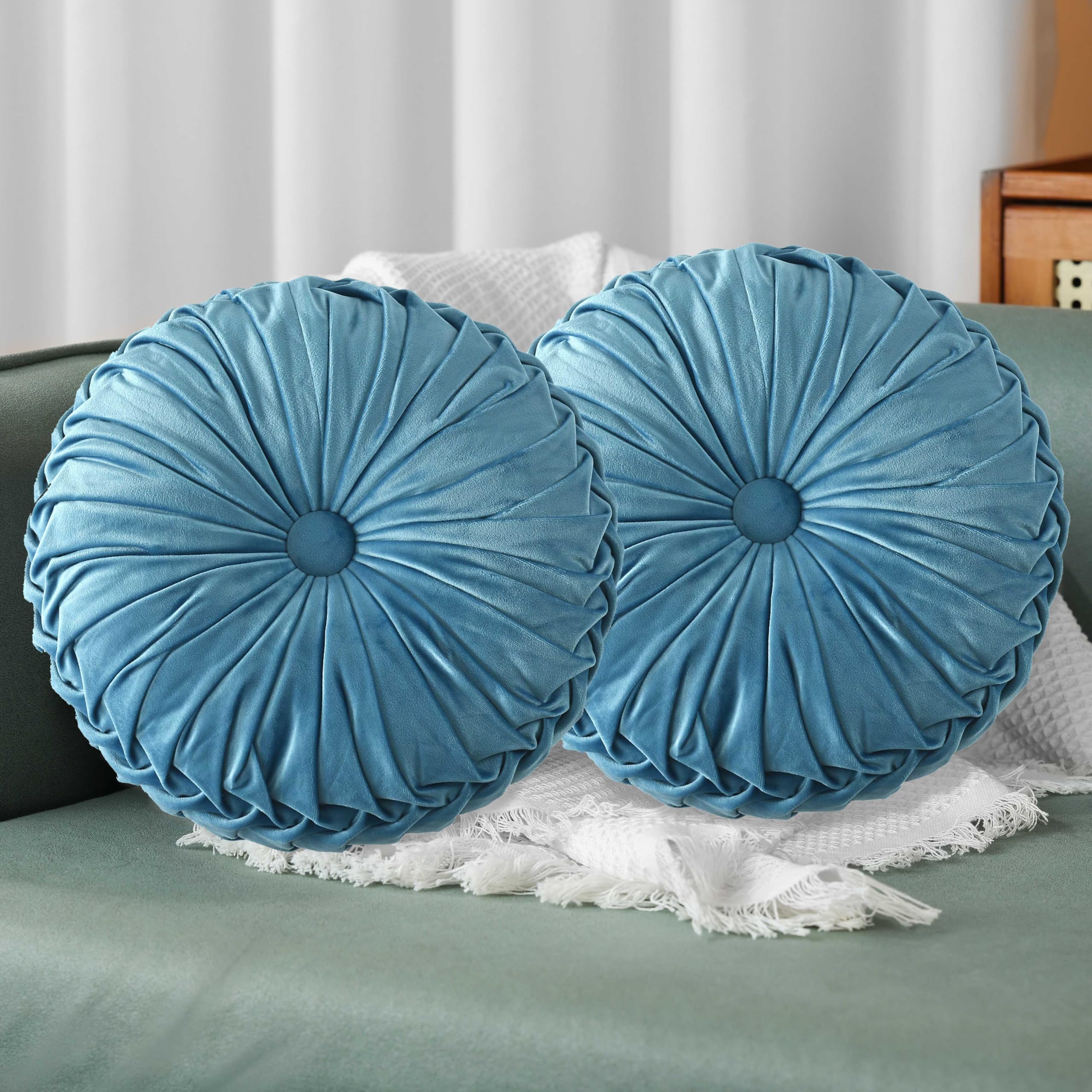 HIG Set of 2 Decorative Round Pleated Throw Pillows,Classy Accent Pumpkin Throw Pillows with Center Button,Vintage Velvet Floor Pillows for Sofa Vanity Chair Bed,Dusty Rose,14.5" Diameter(Ripple)