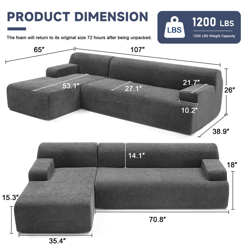 108” Modular Sectional Sofa, Cloud Sectional Couch with Deep Seat, Modern Modular L-Shape Sofa Couch with Chaise,Upholstered Boneless Couches for Living Room Bedroom (Beige, Left Facing Chaise)