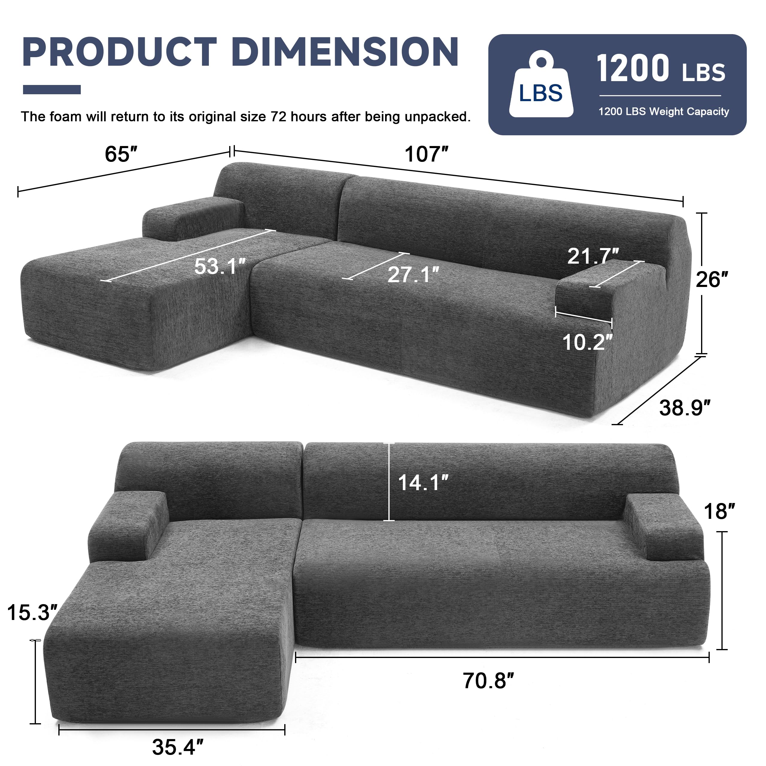 108” Modular Sectional Sofa, Cloud Sectional Couch with Deep Seat, Modern Modular L-Shape Sofa Couch with Chaise,Upholstered Boneless Couches for Living Room Bedroom (Beige, Left Facing Chaise)