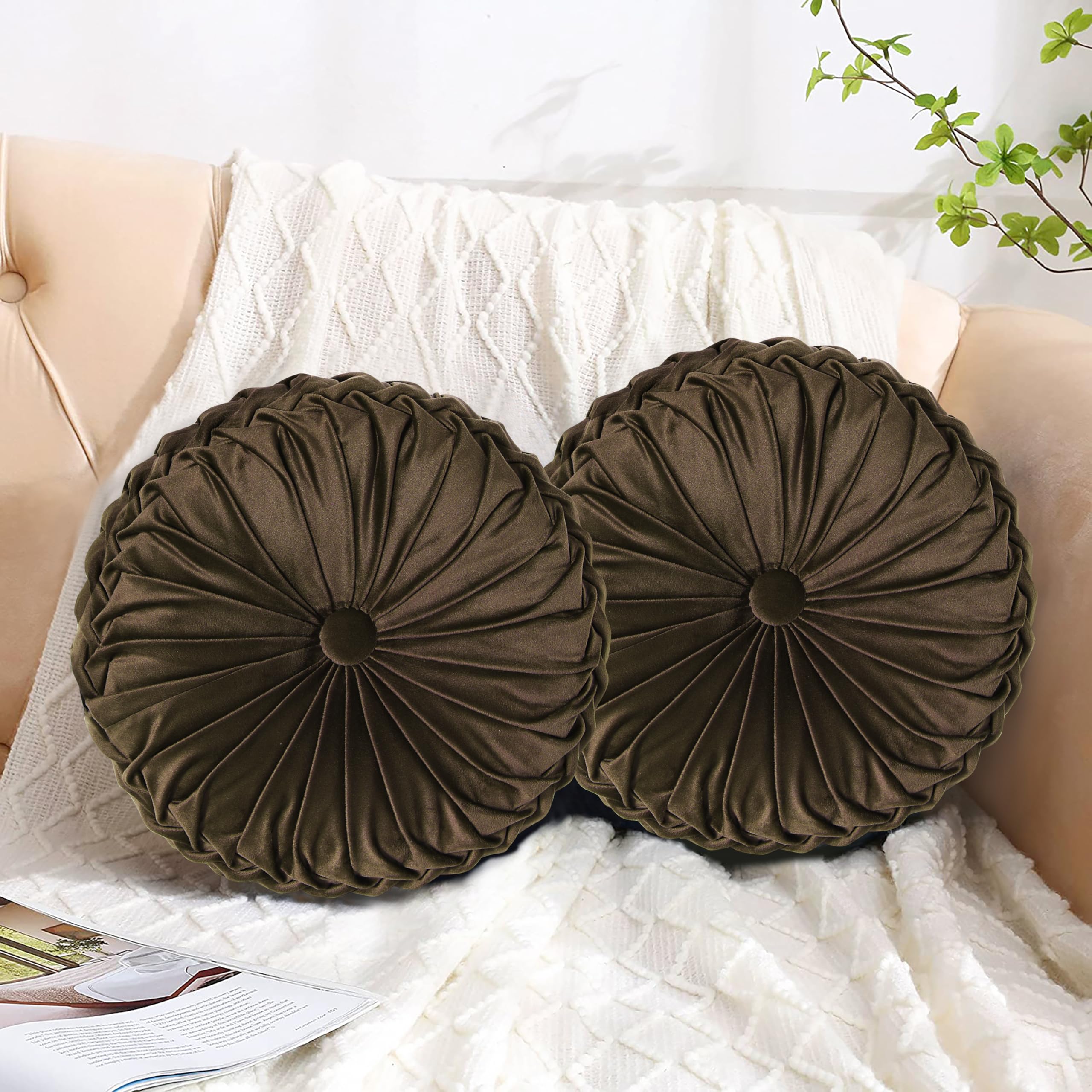 HIG Set of 2 Decorative Round Pleated Throw Pillows,Classy Accent Pumpkin Throw Pillows with Center Button,Vintage Velvet Floor Pillows for Sofa Vanity Chair Bed,Dusty Rose,14.5" Diameter(Ripple)