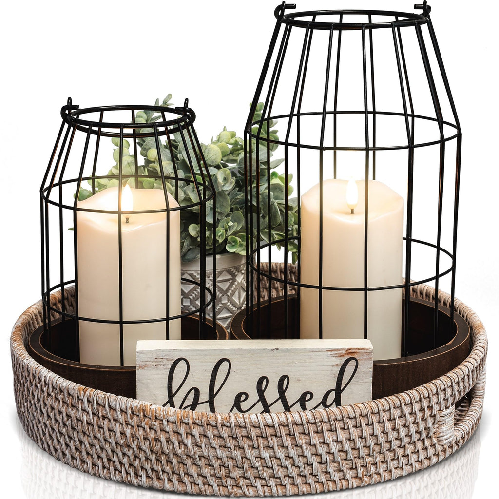 Rustic Farmhouse Lantern Decor Set of 2 - Stylish Decorative Lanterns for Your Living Room, Patio & Porch or Kitchen Dining Table - Modern Indoor/Outdoor Coffee Table Decor for Your Entire Home