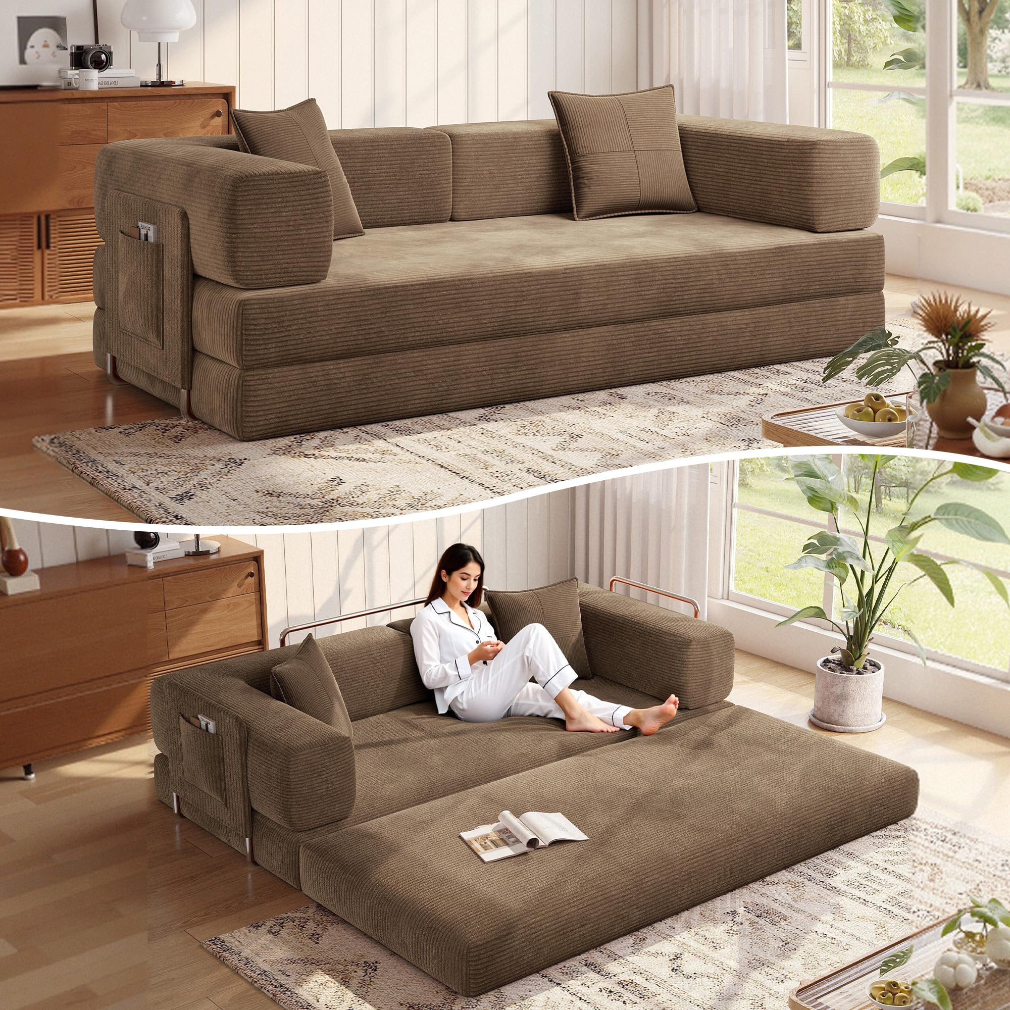 MoonSpeak 78.8''Sleeper Couch Bed for Livingroom,Convertible Modular Sofa with Armrest Pillow,Modular Foldable Corduroy Couches in a Box,No Assembly (Green)