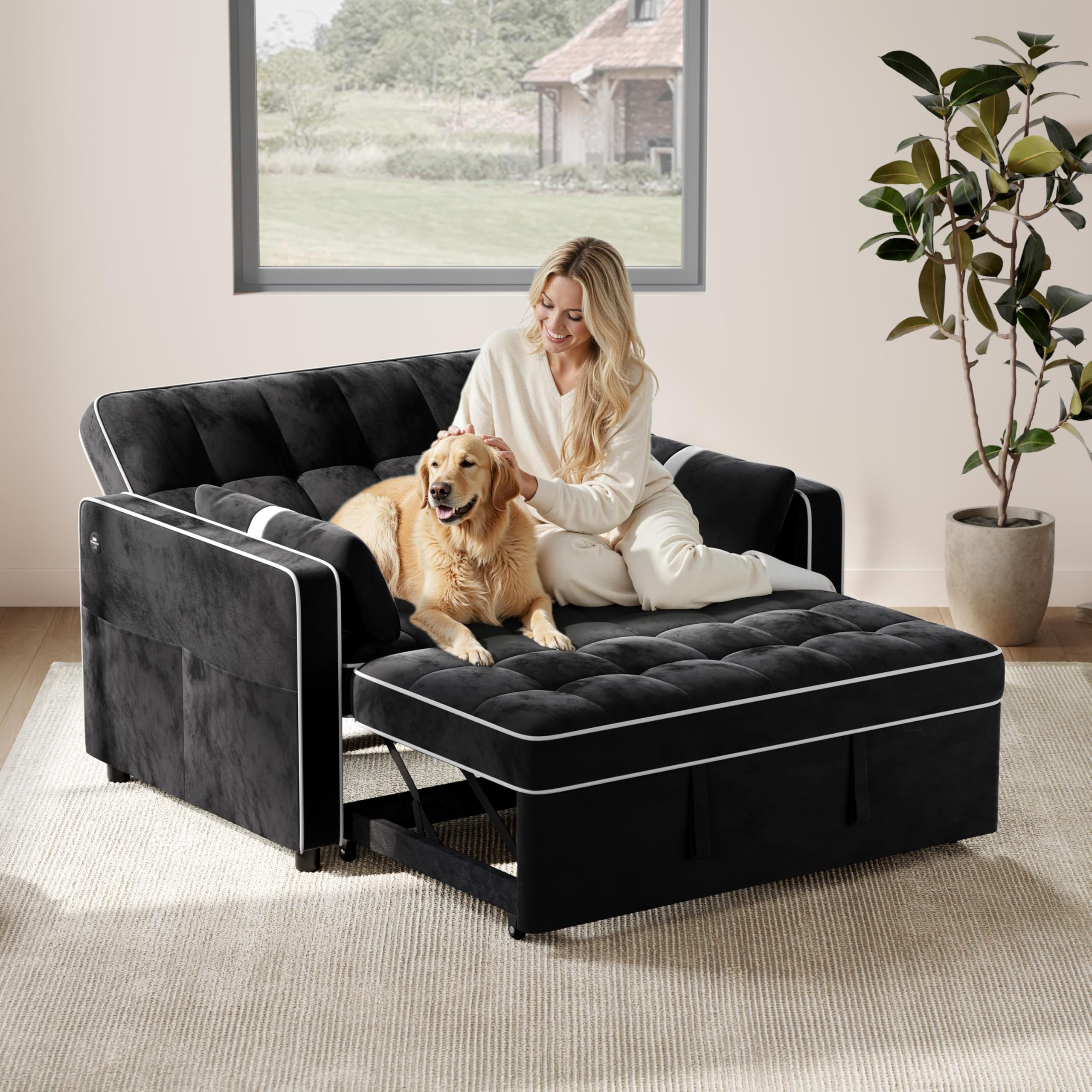 Yaheetech 3 in 1 Sofa Bed Convertible Velvet Sofa Pull Out Couch Folding Loveseat Sleeper with Adjustable Backrest, Armrest Pillows, USB Ports, Side Pockets for Living Room Bedroom Apartment, Beige