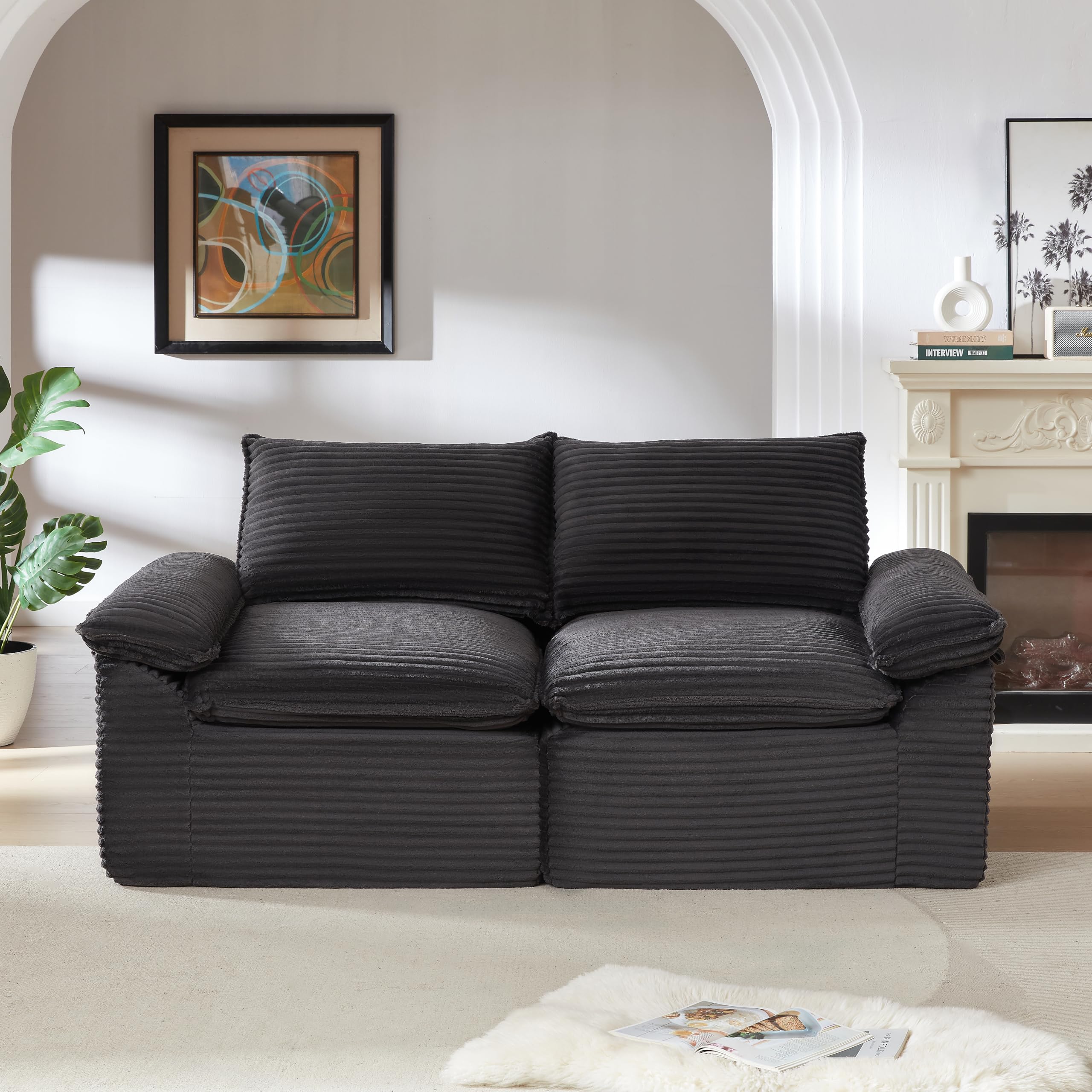 98.4-Inch Oversized Boneless Cloud Couches Deep Seat Foam Sofa Couch with 2 Round Toss Pillows, Luxury Corduroy Upholstered 3 Seat Tufted Loveseat, Cloud Sofa in a Box