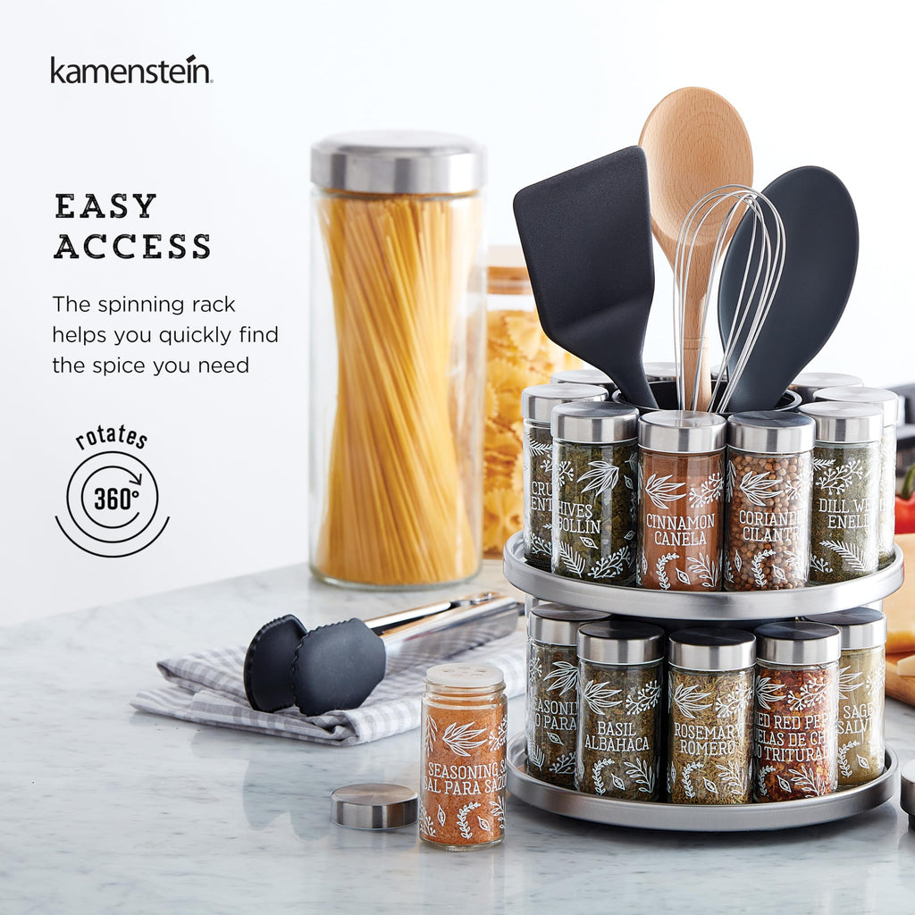 Kamenstein 20 Jar Revolving Countertop Spice Rack with Spices Included, FREE Spice Refills for 5 Years, Polished Stainless Steel with Black Caps, 30020