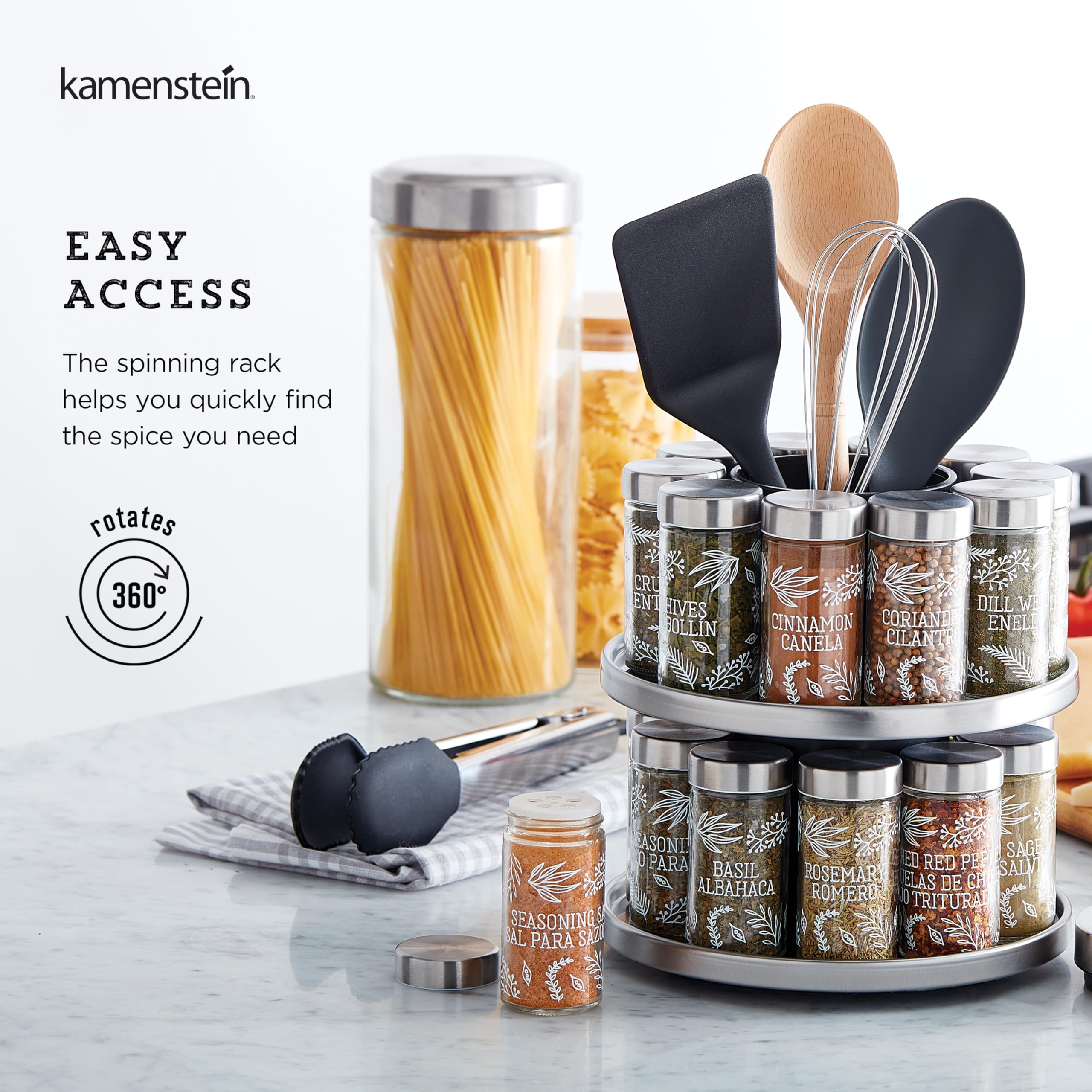 Kamenstein 20 Jar Revolving Countertop Spice Rack with Spices Included, FREE Spice Refills for 5 Years, Polished Stainless Steel with Black Caps, 30020