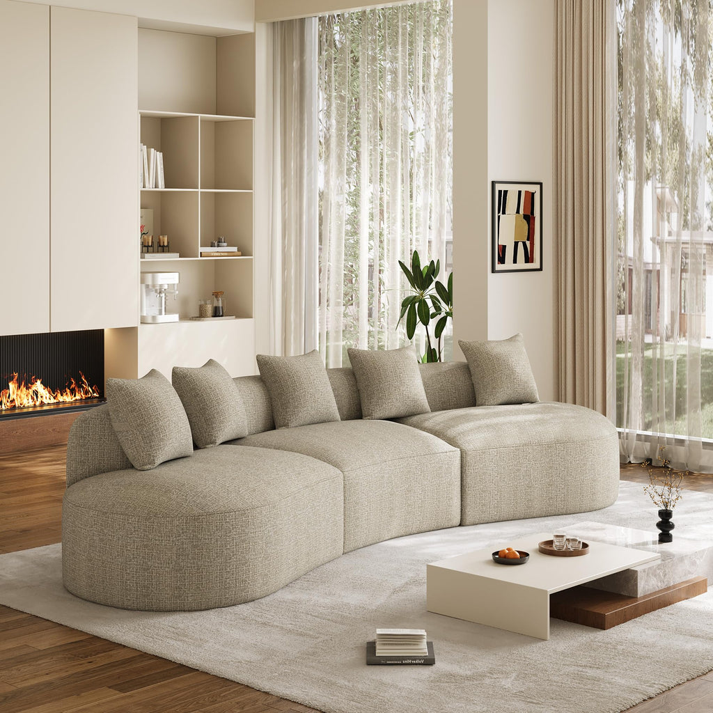 131" Oversized Sectional Sofa for Living Room, Modern Luxury Plush Chenille 4-Seater Extra Deep & Wide Seat Curved Cloud Couch with 4 Throw Pillows, No Assembly Needed, Light Brown