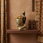 Lescafita African Woman Sculpture with Gold Leaf Bowl, Handmade Resin Figurine, Exotic Tribal Art Statue for Living Room, Dining Table, or Entryway Decoration