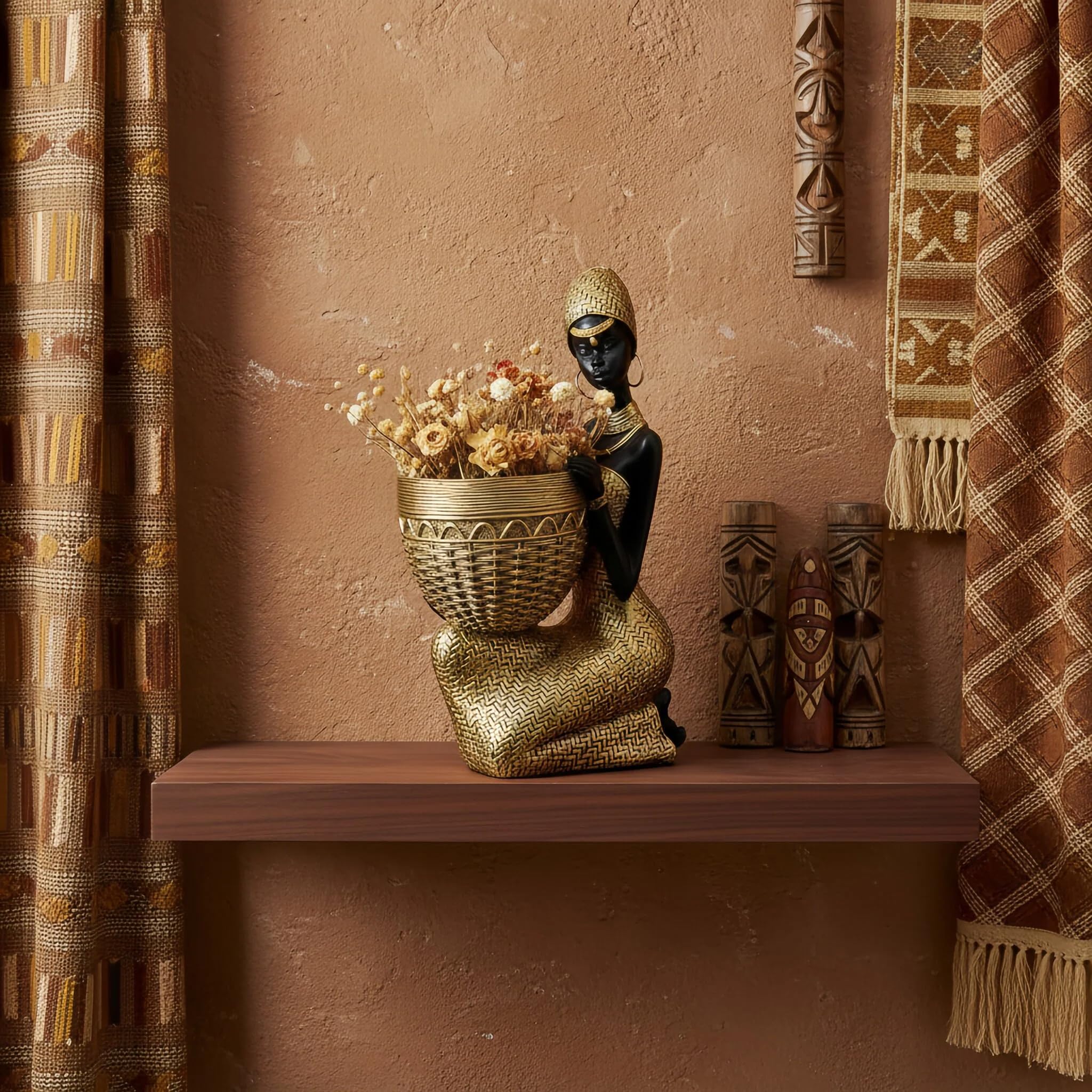 Lescafita African Woman Sculpture with Gold Leaf Bowl, Handmade Resin Figurine, Exotic Tribal Art Statue for Living Room, Dining Table, or Entryway Decoration