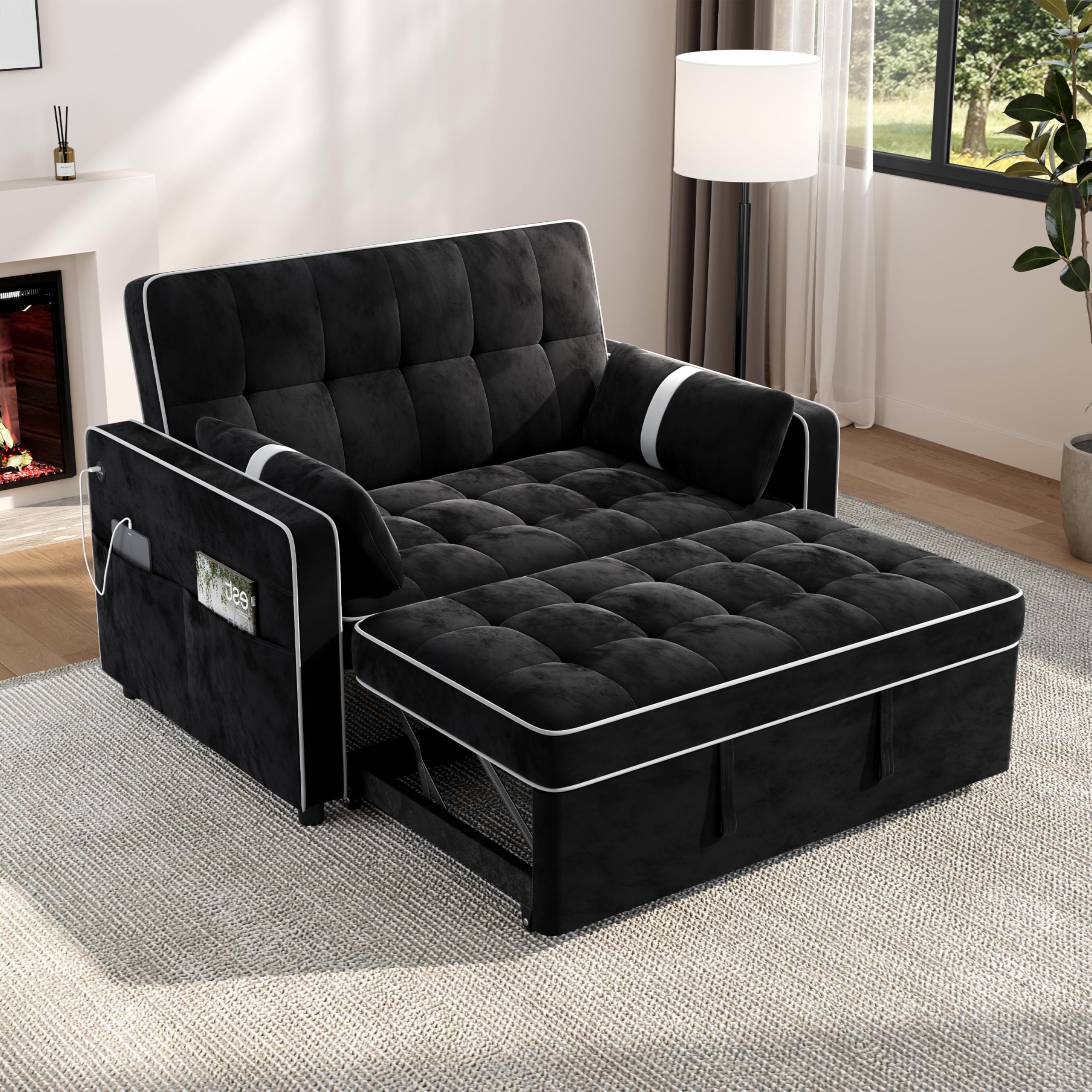 Yaheetech 3 in 1 Sofa Bed Convertible Velvet Sofa Pull Out Couch Folding Loveseat Sleeper with Adjustable Backrest, Armrest Pillows, USB Ports, Side Pockets for Living Room Bedroom Apartment, Beige