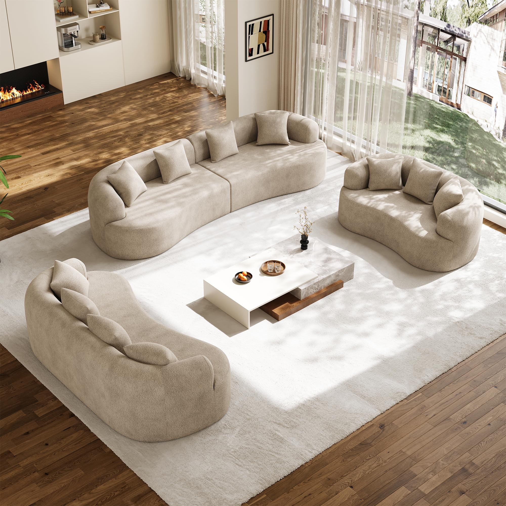 131" Oversized Sectional Sofa for Living Room, Modern Luxury Plush Chenille 4-Seater Extra Deep & Wide Seat Curved Cloud Couch with 4 Throw Pillows, No Assembly Needed, Light Brown