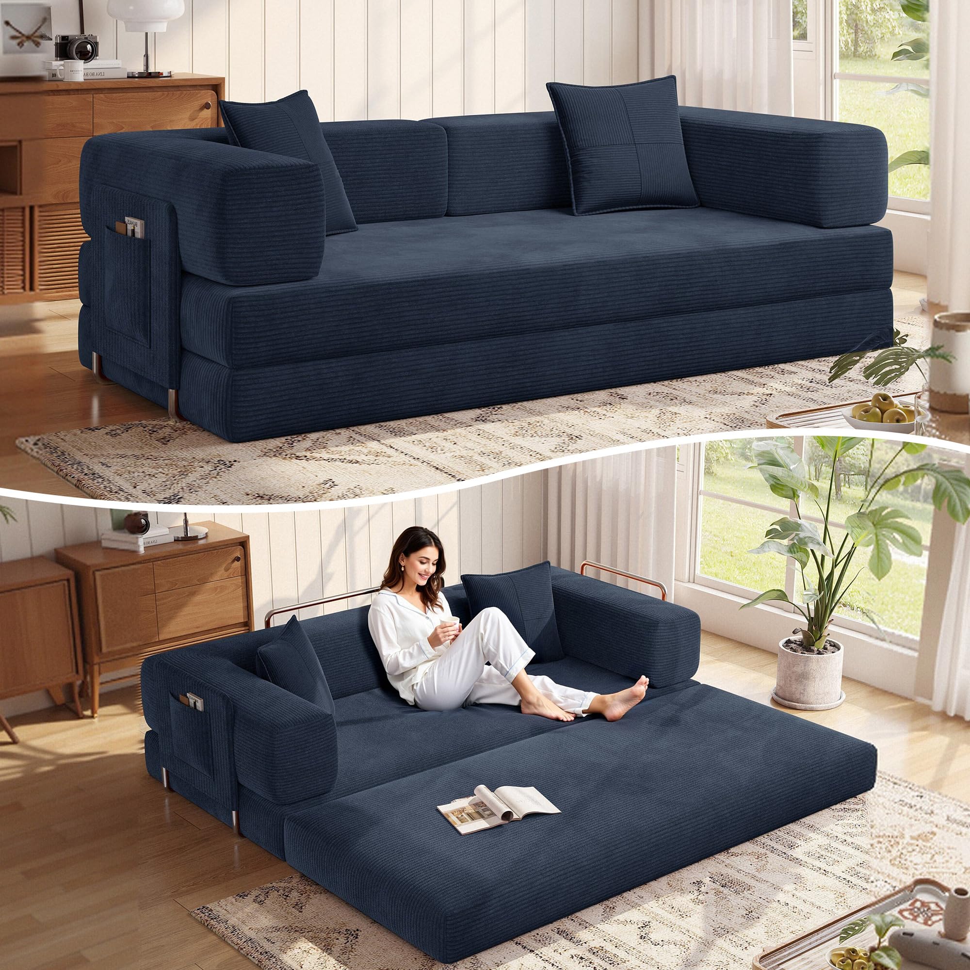 MoonSpeak 78.8''Sleeper Couch Bed for Livingroom,Convertible Modular Sofa with Armrest Pillow,Modular Foldable Corduroy Couches in a Box,No Assembly (Green)