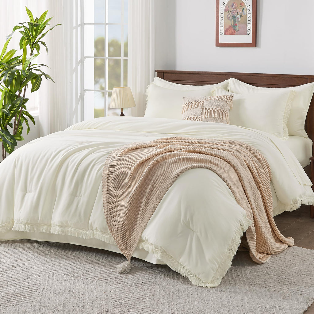 Andency King Size Comforter Set with Sheets Light Pink - 7 Pieces Bed in a Bag Boho Soft Lightweight Bedding Sets, Tassel Bed Set with Comforter, Sheets, Pillowcases & Shams