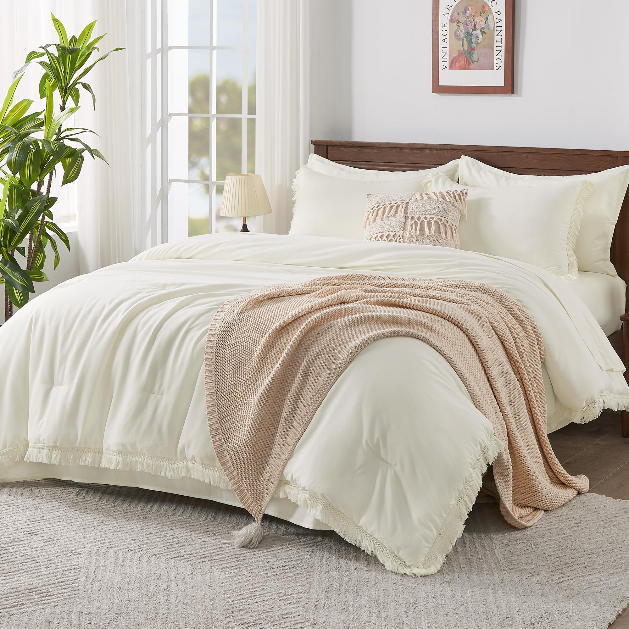 Andency King Size Comforter Set with Sheets Light Pink - 7 Pieces Bed in a Bag Boho Soft Lightweight Bedding Sets, Tassel Bed Set with Comforter, Sheets, Pillowcases & Shams