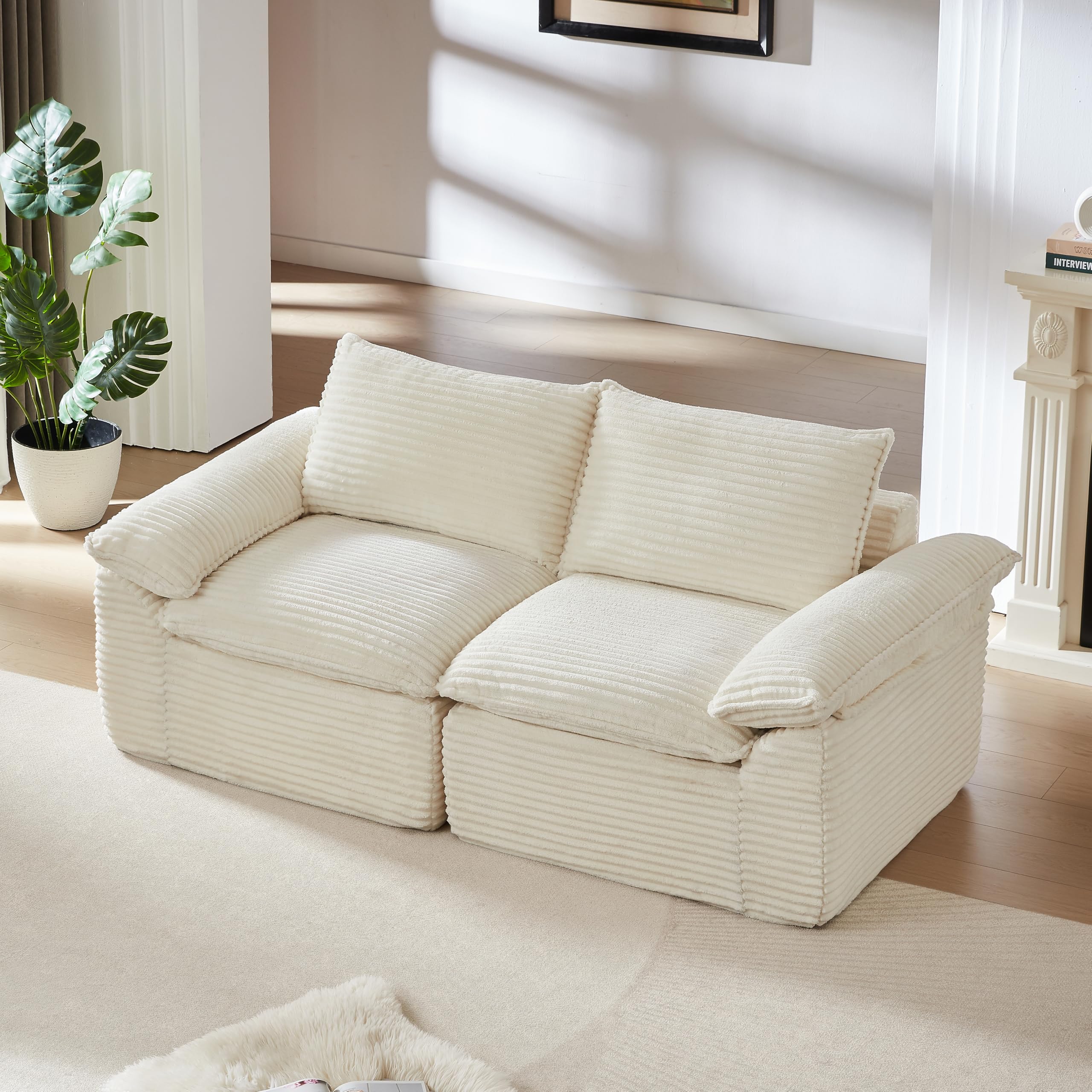 98.4-Inch Oversized Boneless Cloud Couches Deep Seat Foam Sofa Couch with 2 Round Toss Pillows, Luxury Corduroy Upholstered 3 Seat Tufted Loveseat, Cloud Sofa in a Box