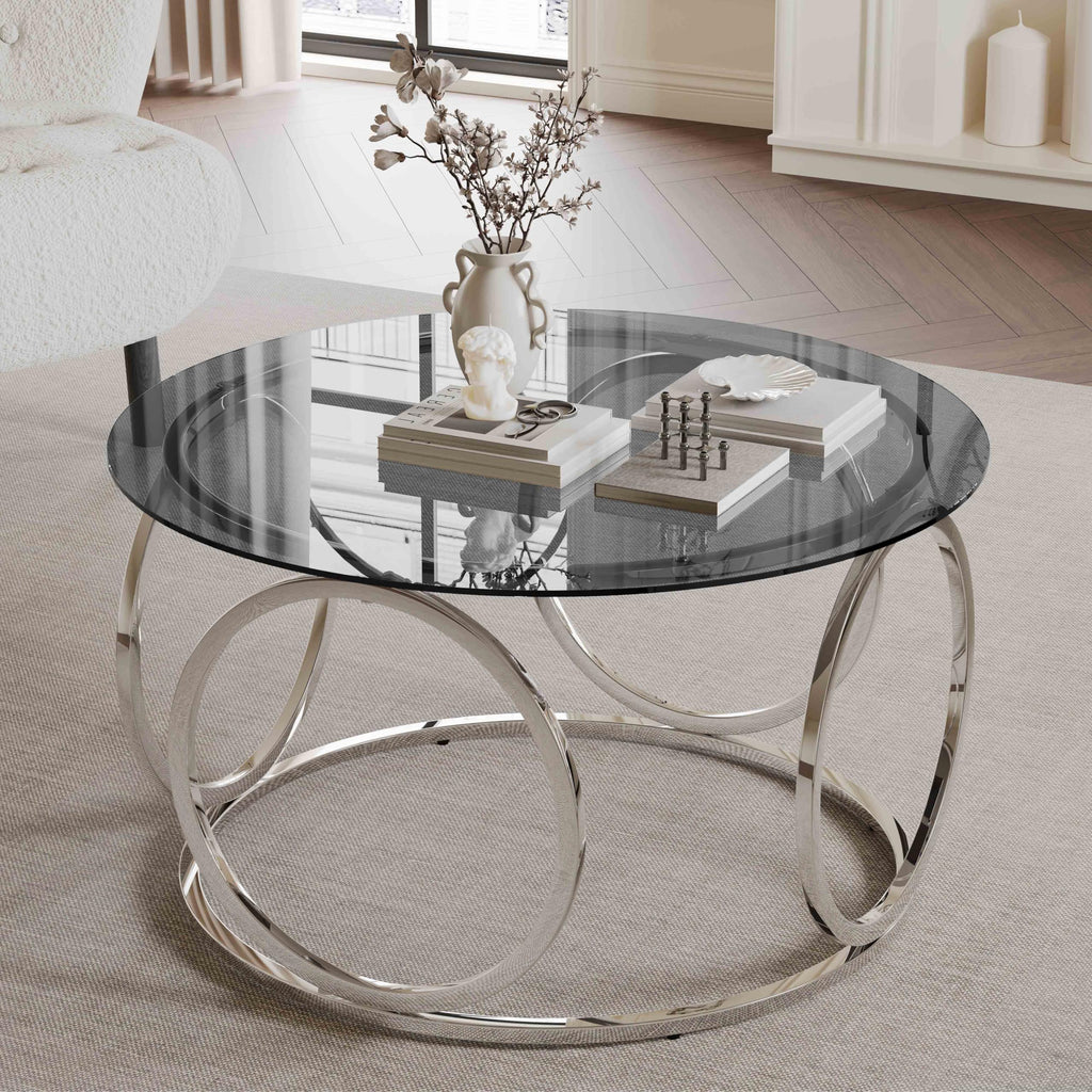 32" Tempered Glass Round Coffee Table Modern Gold Frame Ring Base Single-Layer Circle Living Room Center Tables