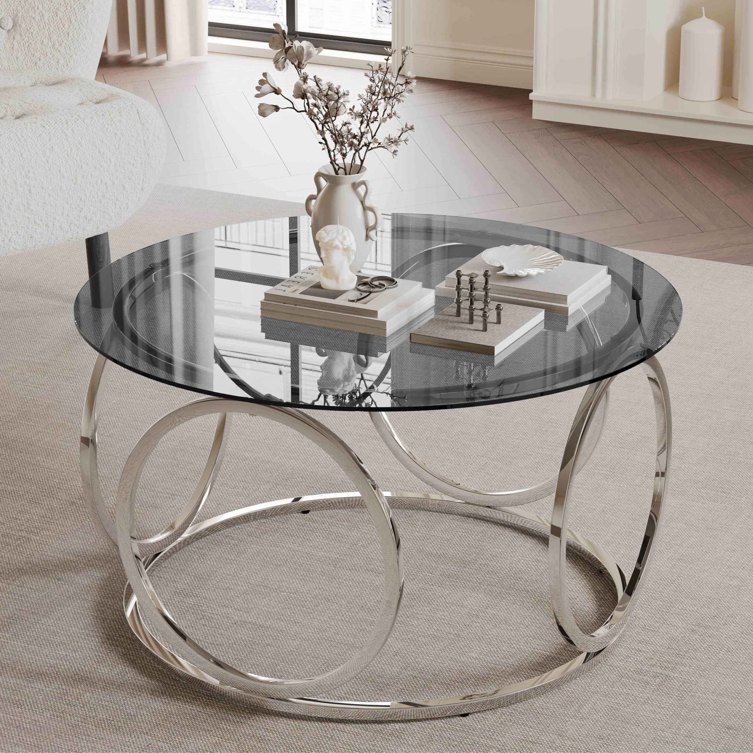 32" Tempered Glass Round Coffee Table Modern Gold Frame Ring Base Single-Layer Circle Living Room Center Tables