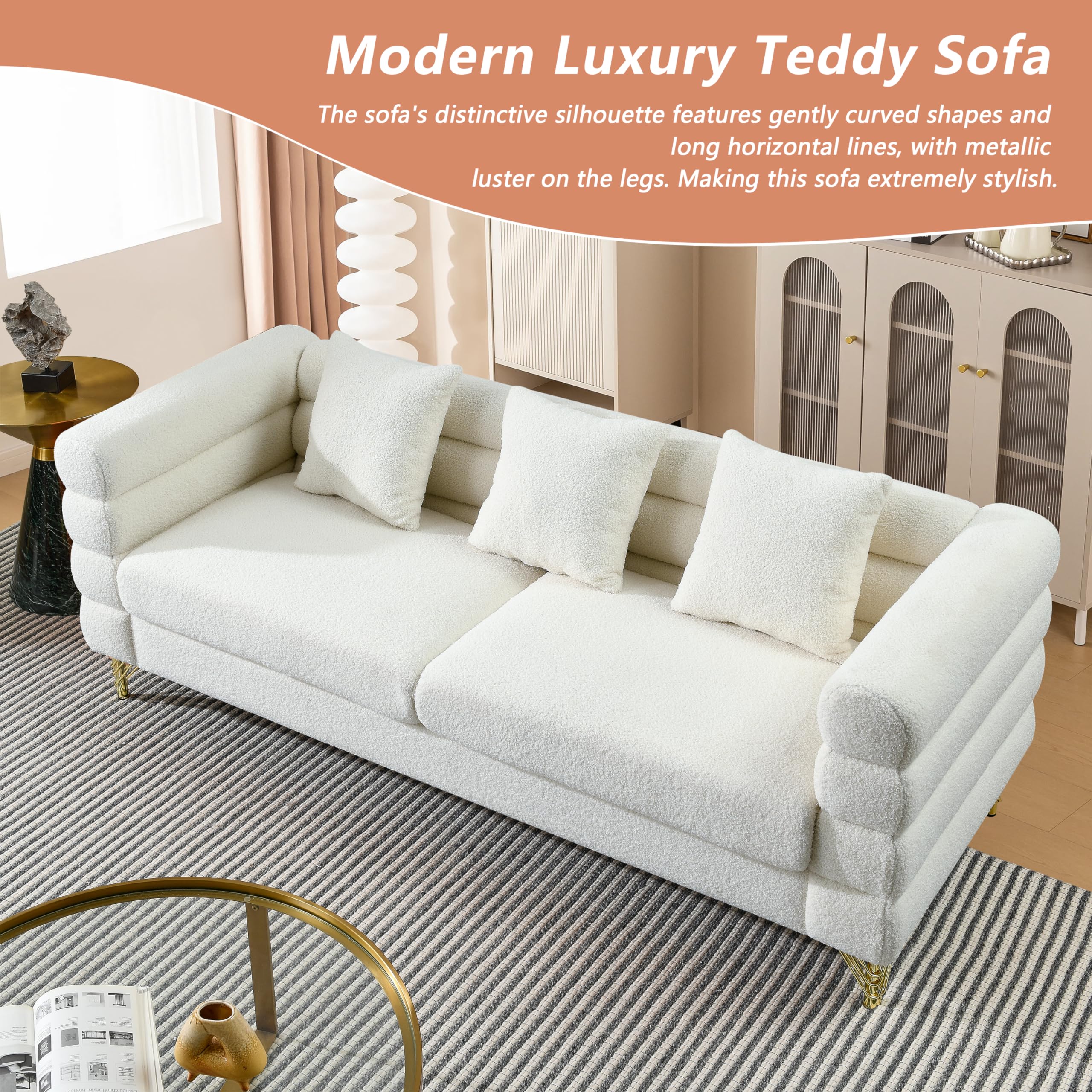 mikibama Modern Teddy Sectional Sofa, 81 Inch Oversized Sofa Couch, Luxury 3 Seater Deep Couch with 3 Pillows and Gold Metal Legs for Living Room, Bedroom, Apartment (Black)