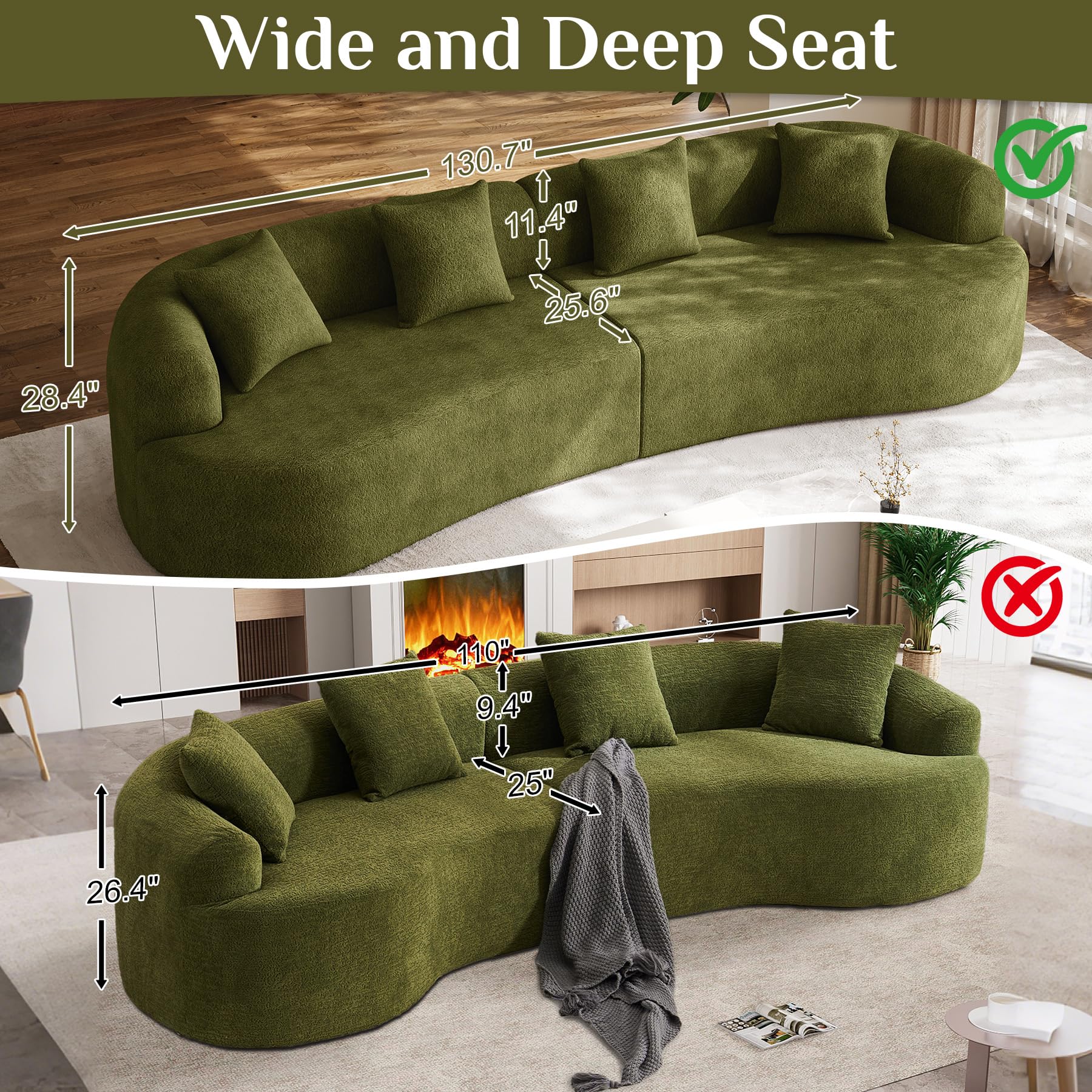 131" Oversized Sectional Sofa for Living Room, Modern Luxury Plush Chenille 4-Seater Extra Deep & Wide Seat Curved Cloud Couch with 4 Throw Pillows, No Assembly Needed, Light Brown
