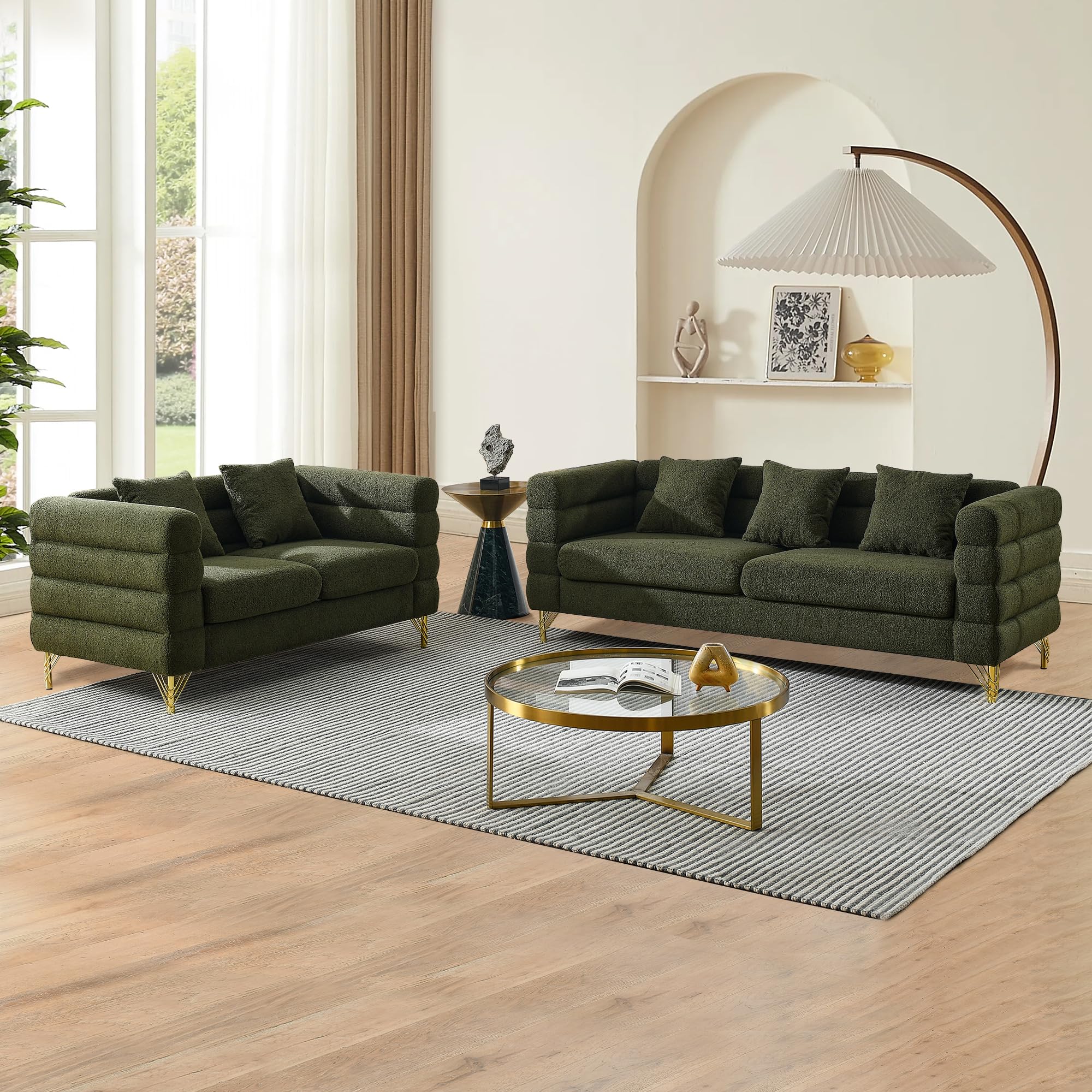 mikibama Modern Teddy Sectional Sofa, 81 Inch Oversized Sofa Couch, Luxury 3 Seater Deep Couch with 3 Pillows and Gold Metal Legs for Living Room, Bedroom, Apartment (Black)