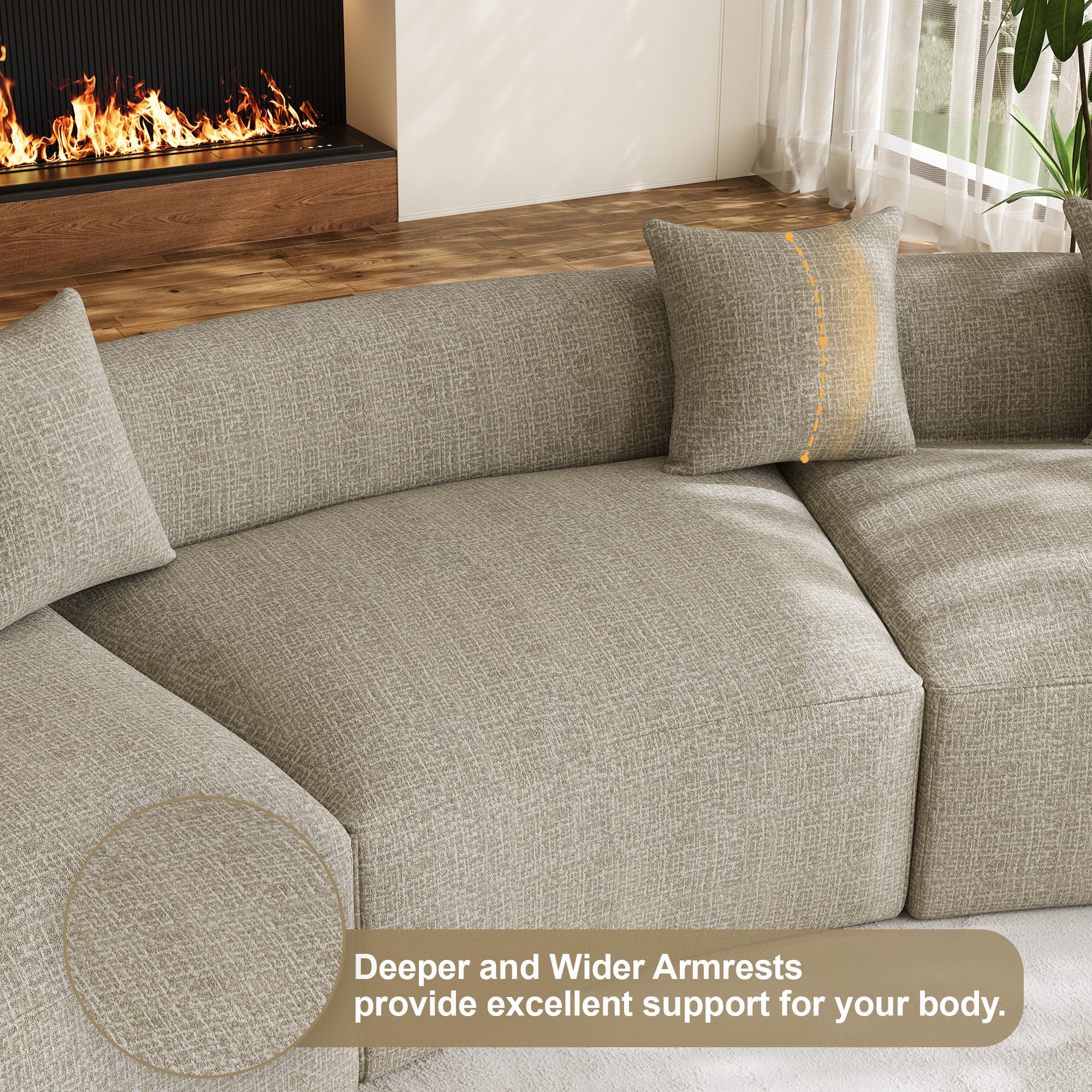 131" Oversized Sectional Sofa for Living Room, Modern Luxury Plush Chenille 4-Seater Extra Deep & Wide Seat Curved Cloud Couch with 4 Throw Pillows, No Assembly Needed, Light Brown