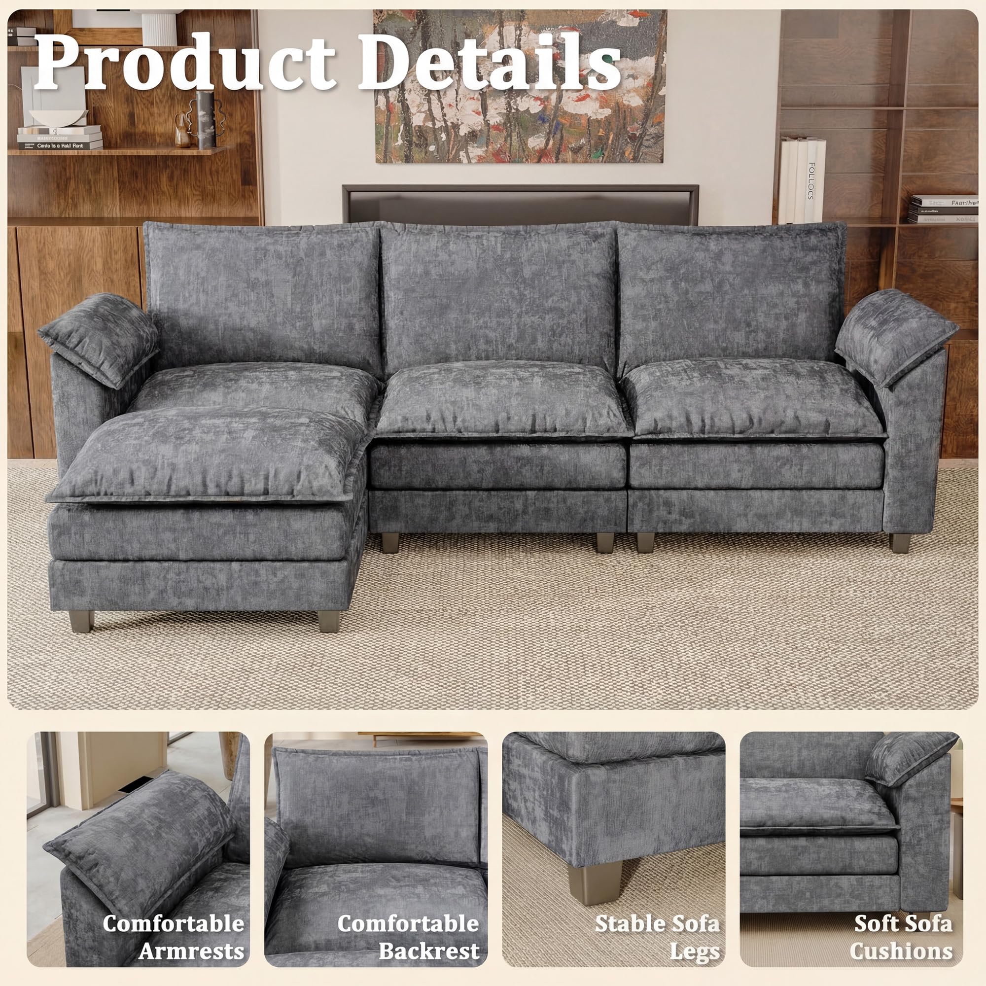 JUMMICO 40" Chaise Lounge Chair for Single Comfy Upholstered Deep Seat Reading Arm Chair Clould Couch for Living Room, Apartment Office, Small Spaces (Dark Blue-3, Single Sofa)