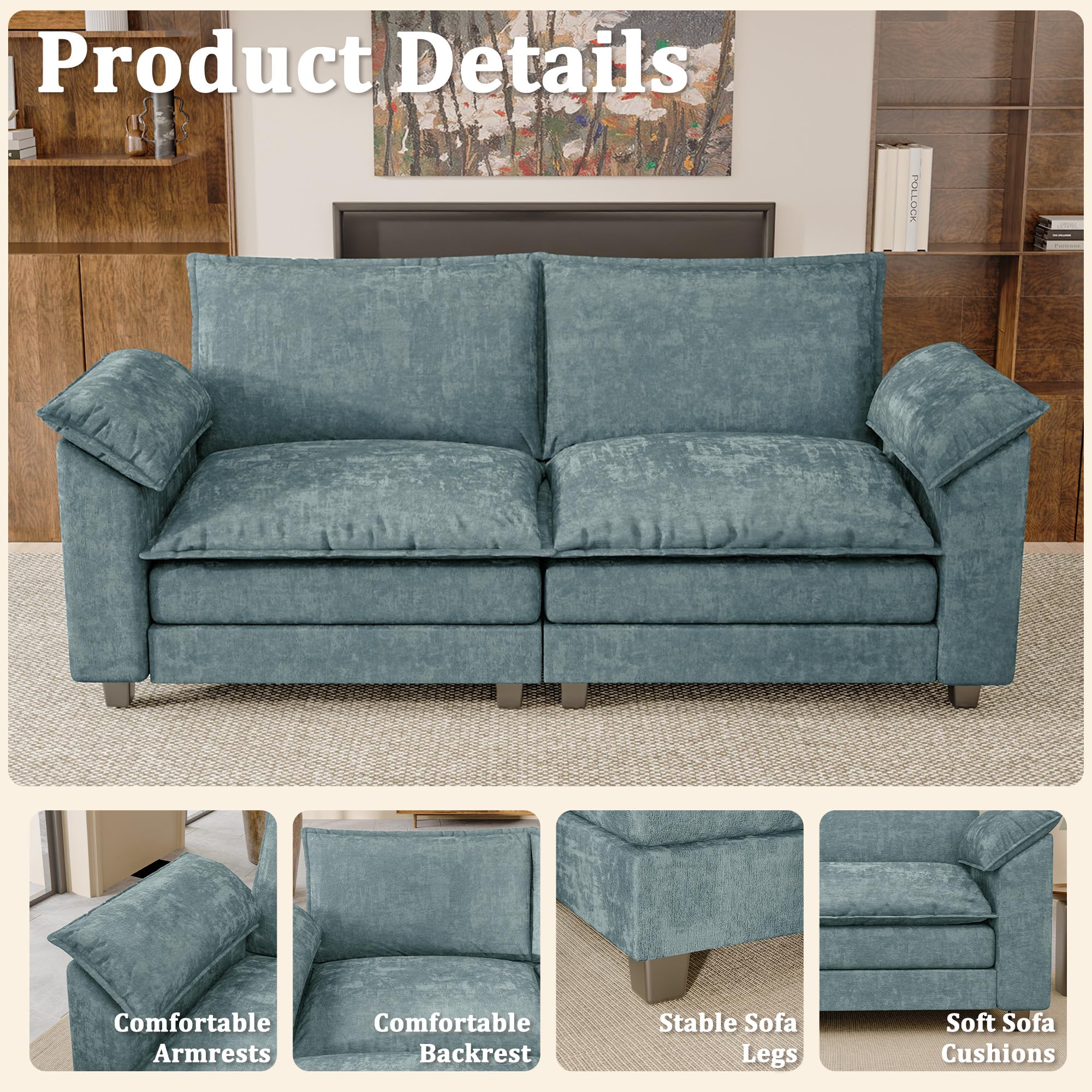 JUMMICO 40" Chaise Lounge Chair for Single Comfy Upholstered Deep Seat Reading Arm Chair Clould Couch for Living Room, Apartment Office, Small Spaces (Dark Blue-3, Single Sofa)