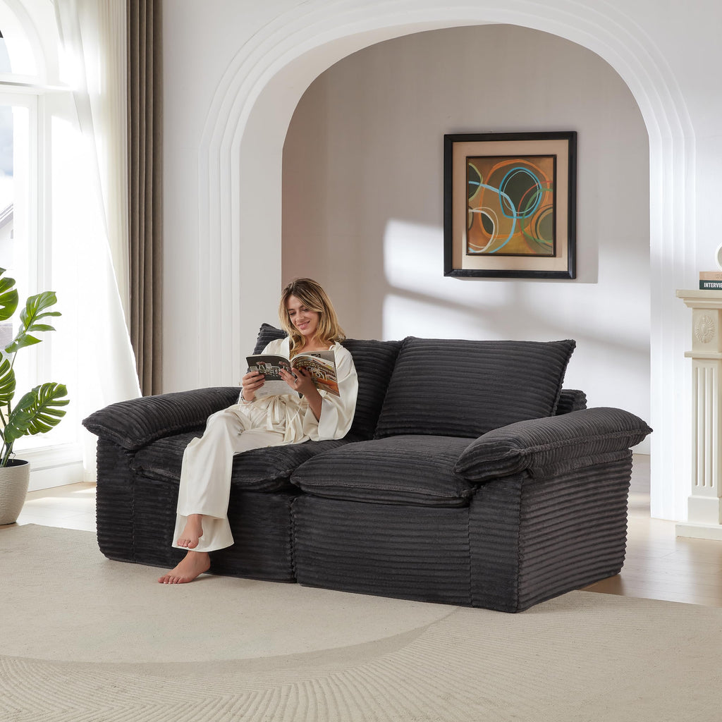 98.4-Inch Oversized Boneless Cloud Couches Deep Seat Foam Sofa Couch with 2 Round Toss Pillows, Luxury Corduroy Upholstered 3 Seat Tufted Loveseat, Cloud Sofa in a Box