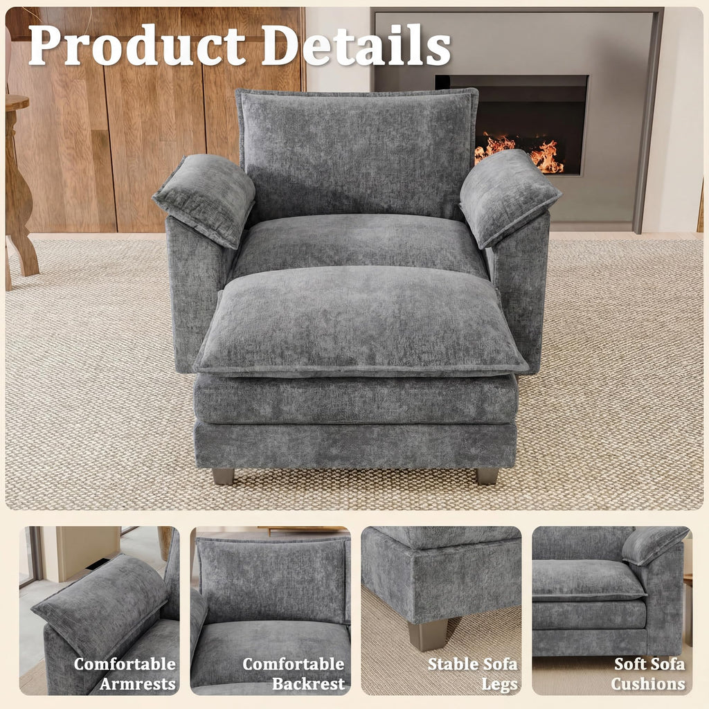 JUMMICO 40" Chaise Lounge Chair for Single Comfy Upholstered Deep Seat Reading Arm Chair Clould Couch for Living Room, Apartment Office, Small Spaces (Dark Blue-3, Single Sofa)