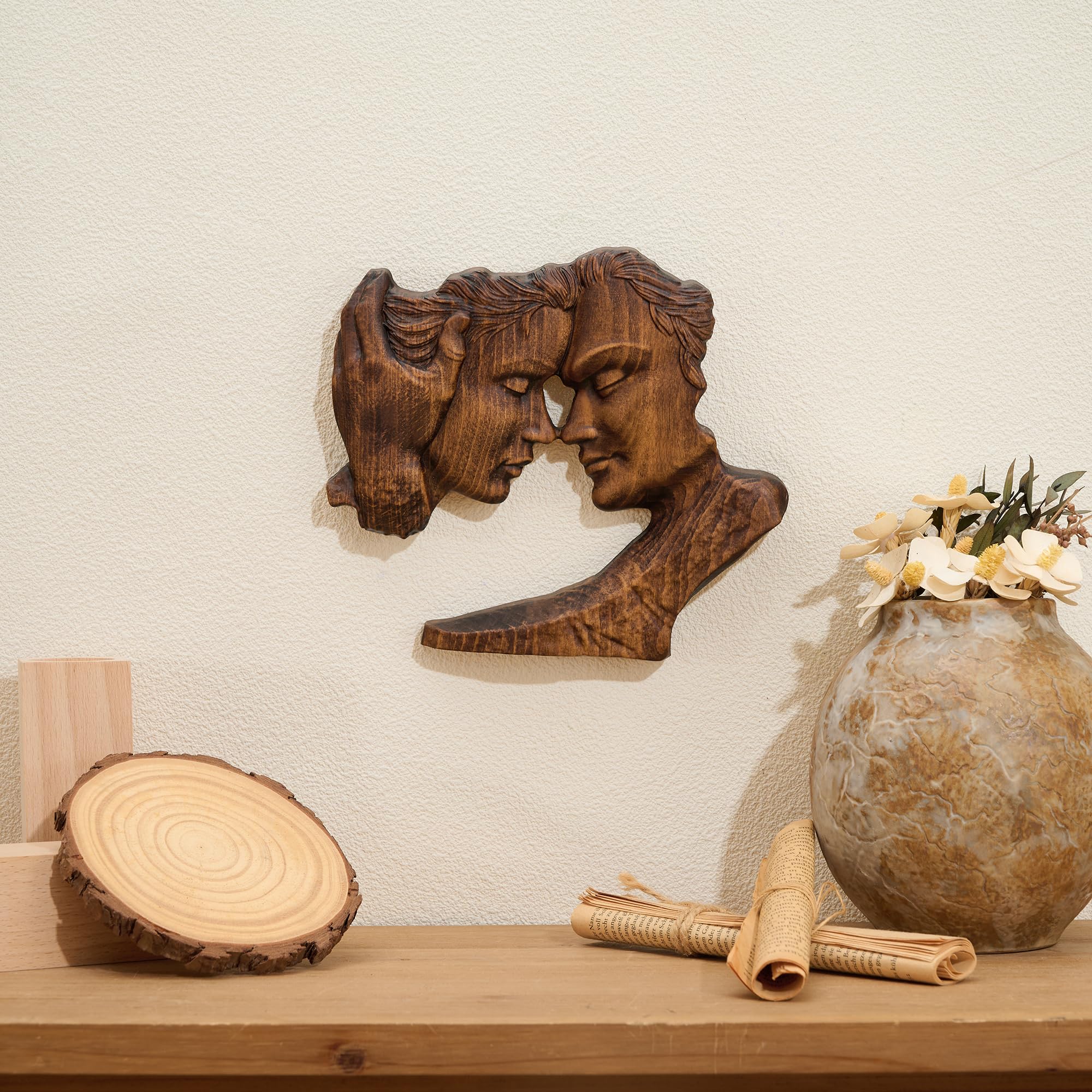 BGCOPPER Wooden Kissing Couple Ornament, Abstract Couple Portrait Sculpture Romantic Love Statue Decor Gift for Women Anniversary Valentine Wedding - 10 Inch