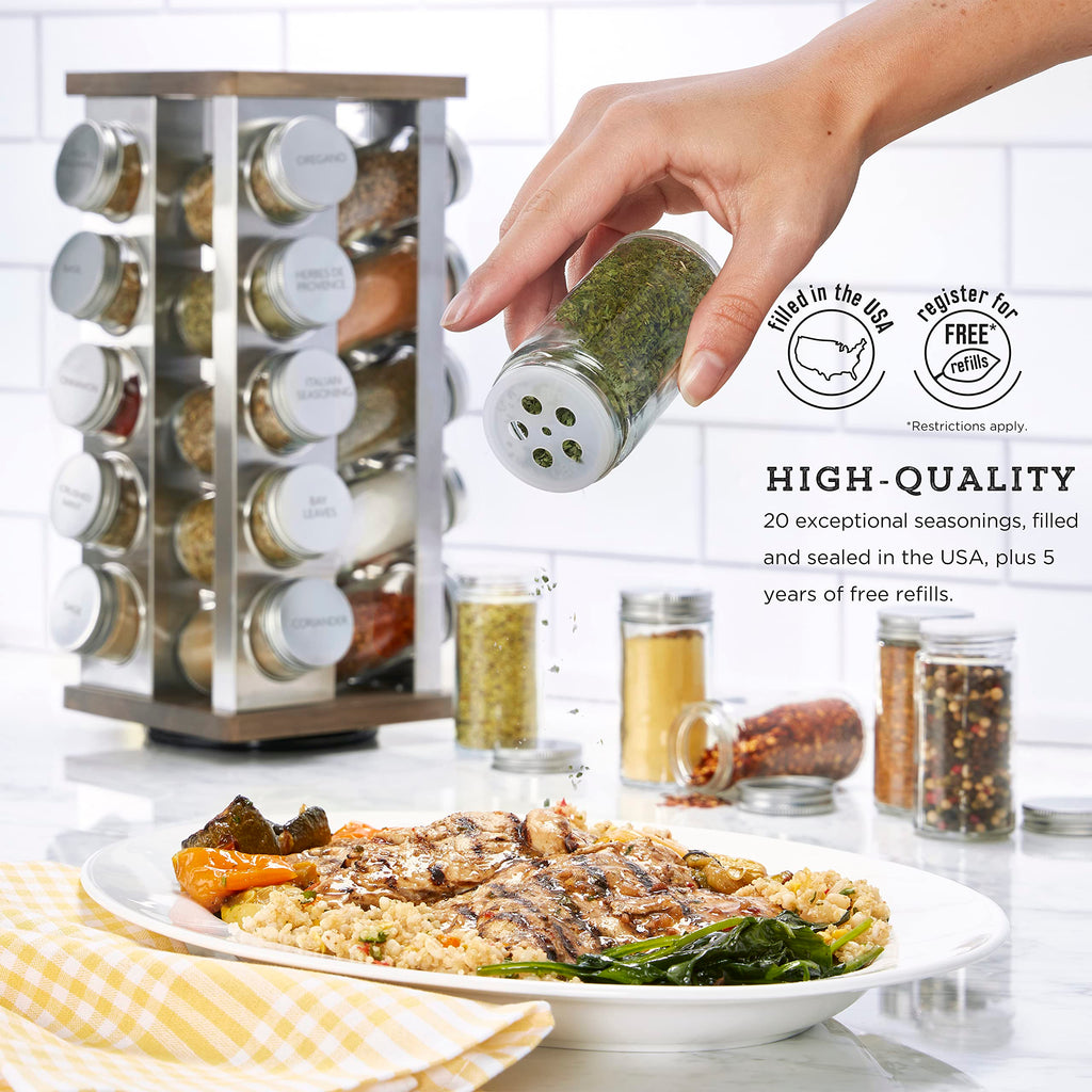 Kamenstein 20 Jar Revolving Countertop Spice Rack with Spices Included, FREE Spice Refills for 5 Years, Polished Stainless Steel with Black Caps, 30020