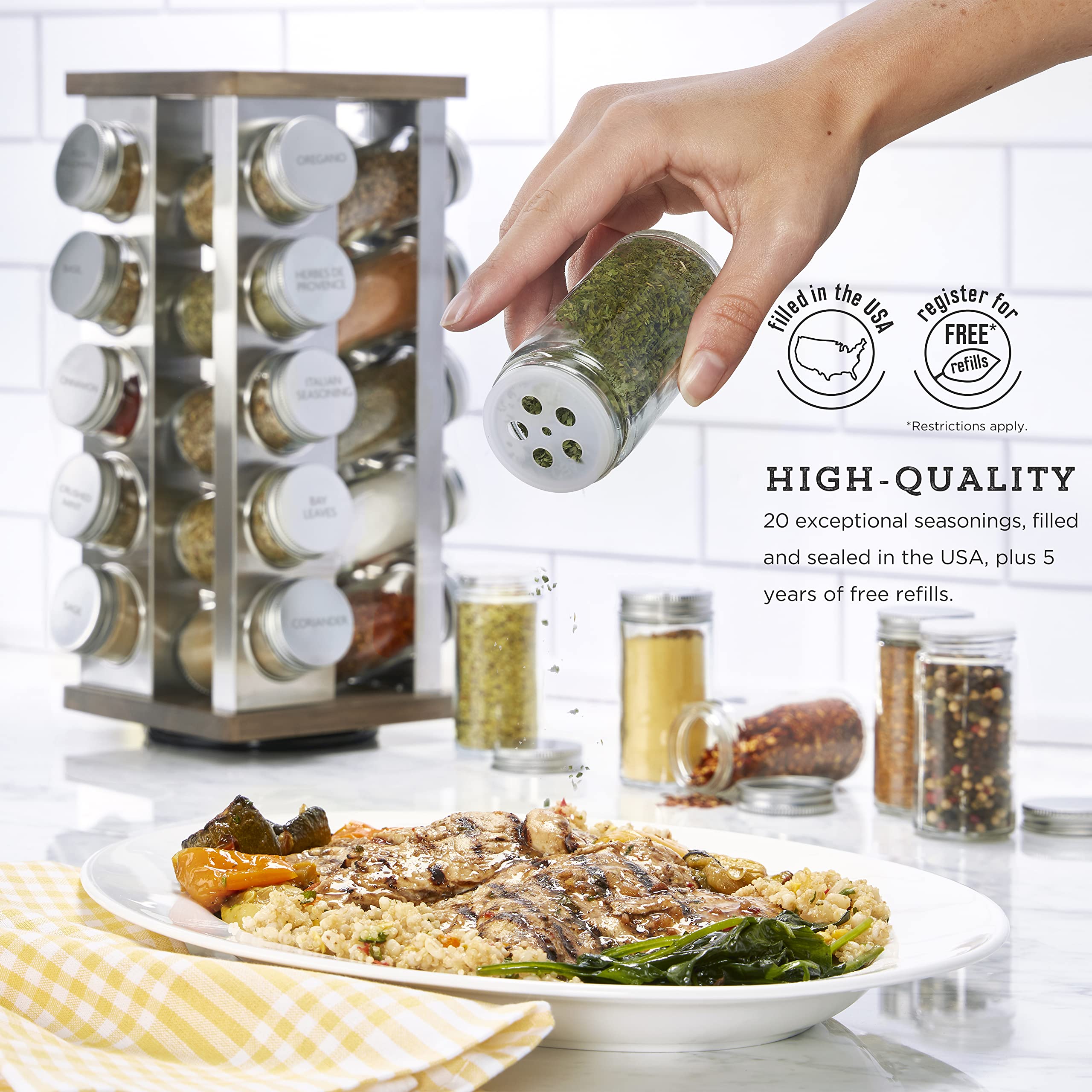 Kamenstein 20 Jar Revolving Countertop Spice Rack with Spices Included, FREE Spice Refills for 5 Years, Polished Stainless Steel with Black Caps, 30020