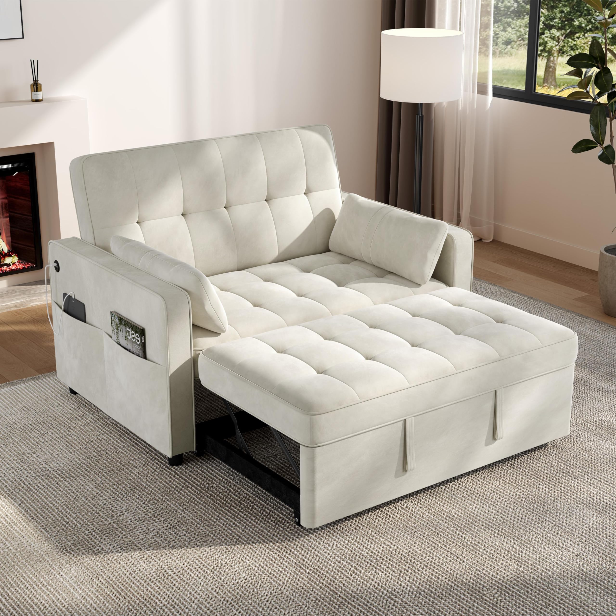 Yaheetech 3 in 1 Sofa Bed Convertible Velvet Sofa Pull Out Couch Folding Loveseat Sleeper with Adjustable Backrest, Armrest Pillows, USB Ports, Side Pockets for Living Room Bedroom Apartment, Beige