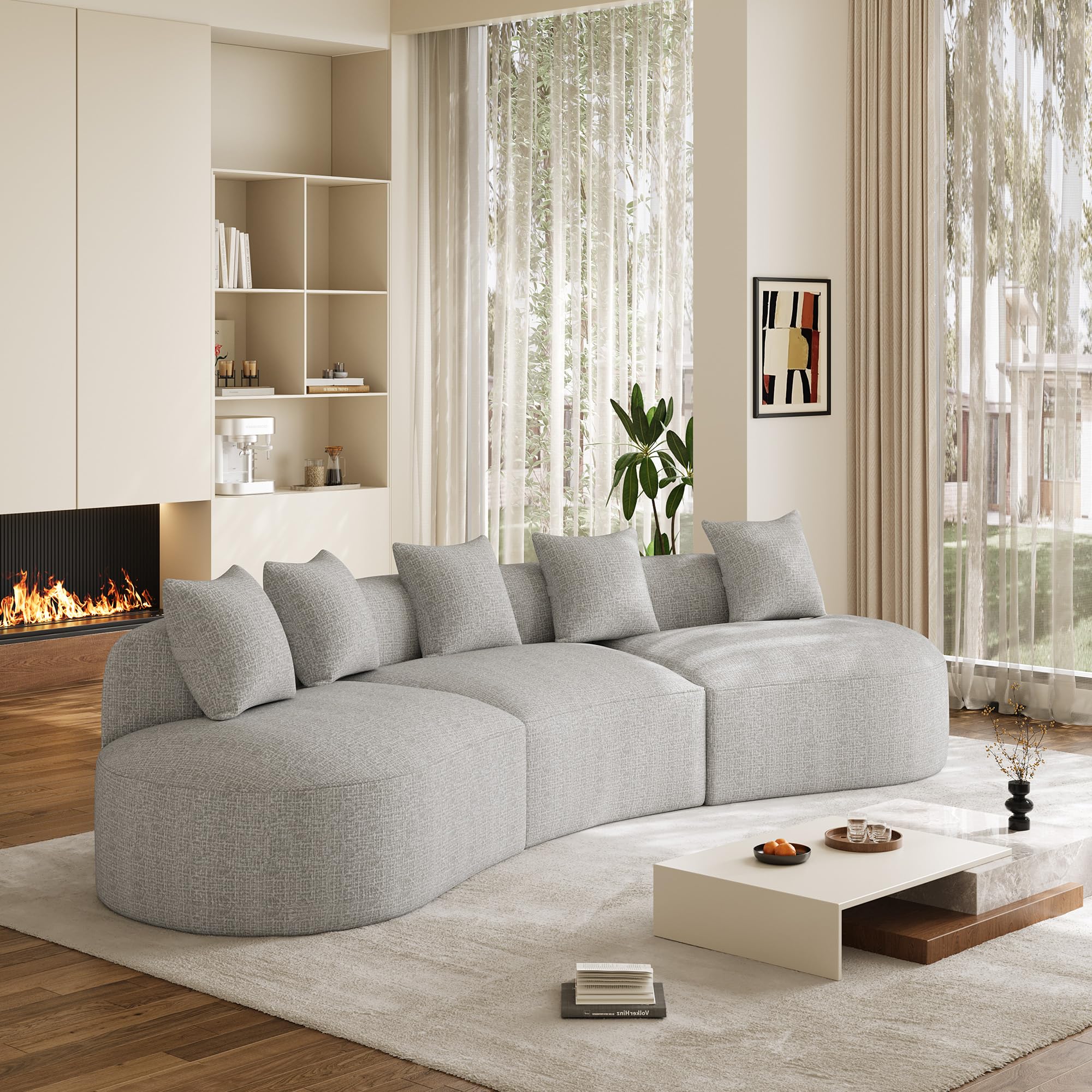 131" Oversized Sectional Sofa for Living Room, Modern Luxury Plush Chenille 4-Seater Extra Deep & Wide Seat Curved Cloud Couch with 4 Throw Pillows, No Assembly Needed, Light Brown