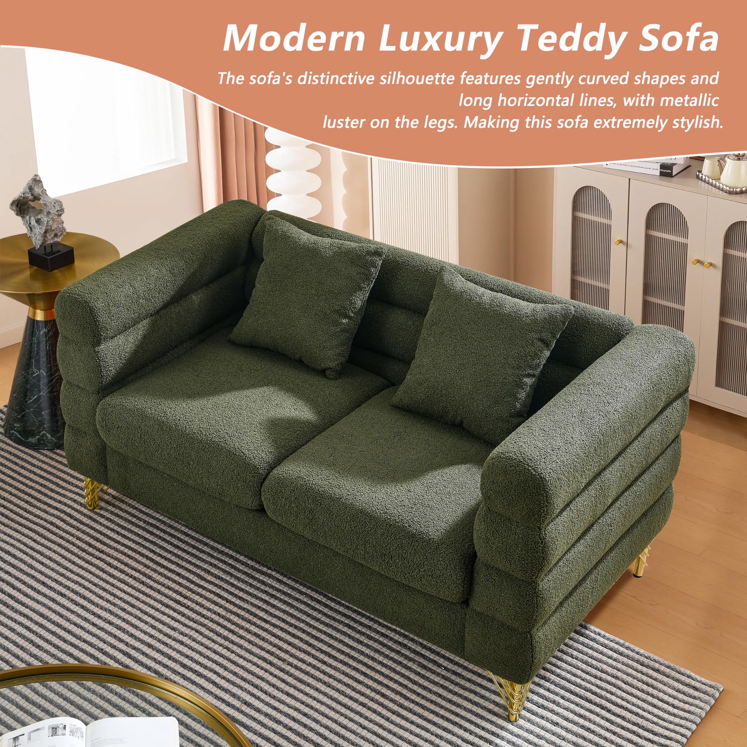 mikibama Modern Teddy Sectional Sofa, 81 Inch Oversized Sofa Couch, Luxury 3 Seater Deep Couch with 3 Pillows and Gold Metal Legs for Living Room, Bedroom, Apartment (Black)