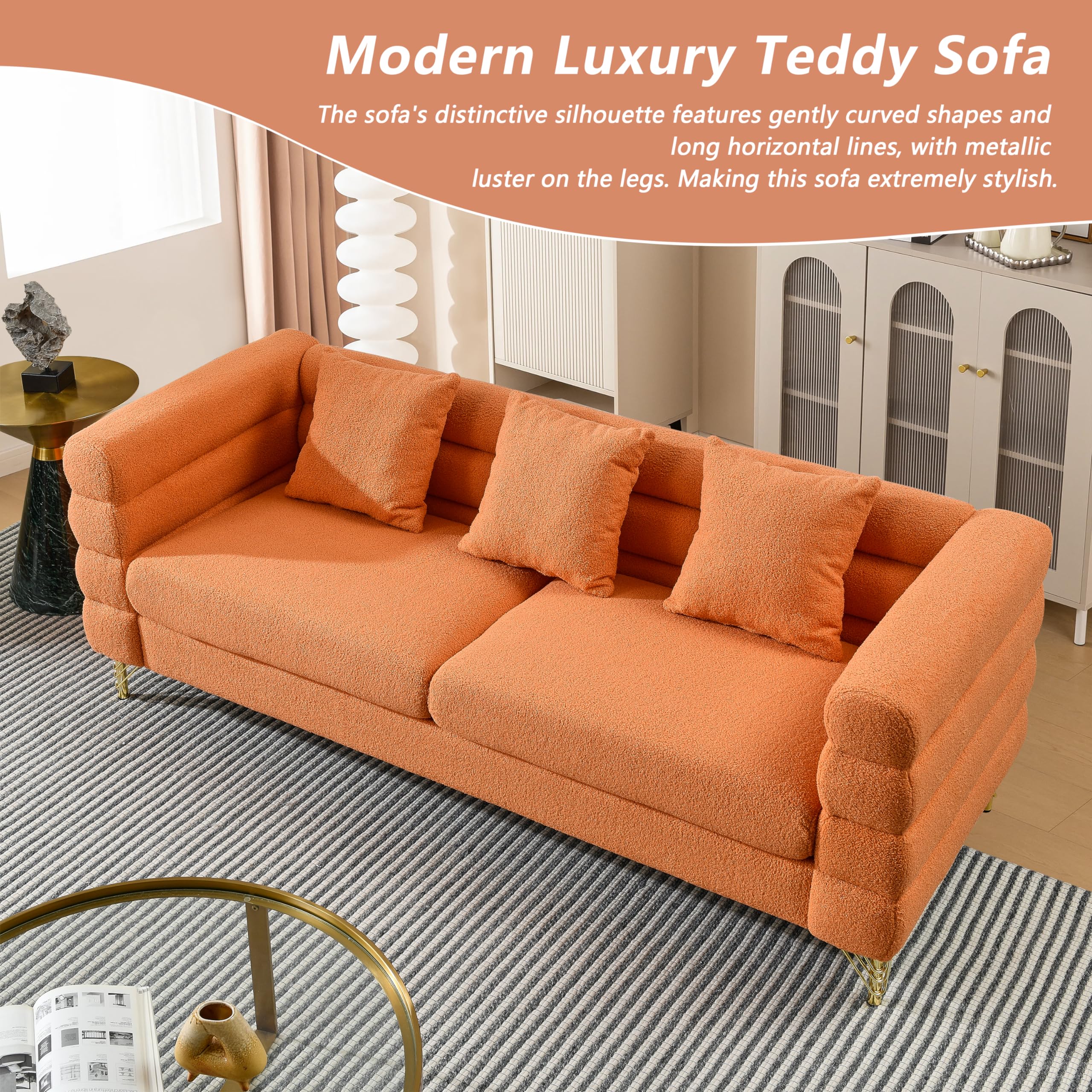 mikibama Modern Teddy Sectional Sofa, 81 Inch Oversized Sofa Couch, Luxury 3 Seater Deep Couch with 3 Pillows and Gold Metal Legs for Living Room, Bedroom, Apartment (Black)