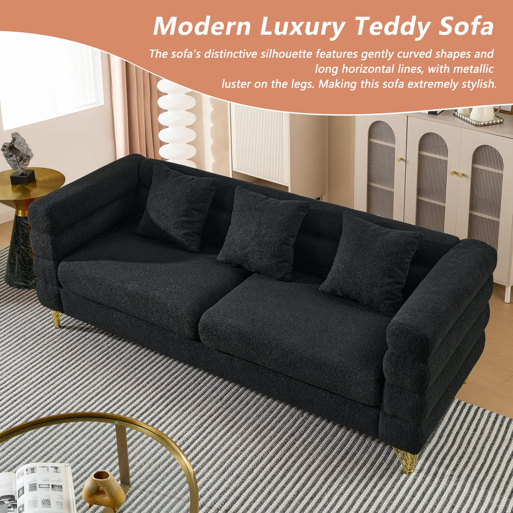 mikibama Modern Teddy Sectional Sofa, 81 Inch Oversized Sofa Couch, Luxury 3 Seater Deep Couch with 3 Pillows and Gold Metal Legs for Living Room, Bedroom, Apartment (Black)